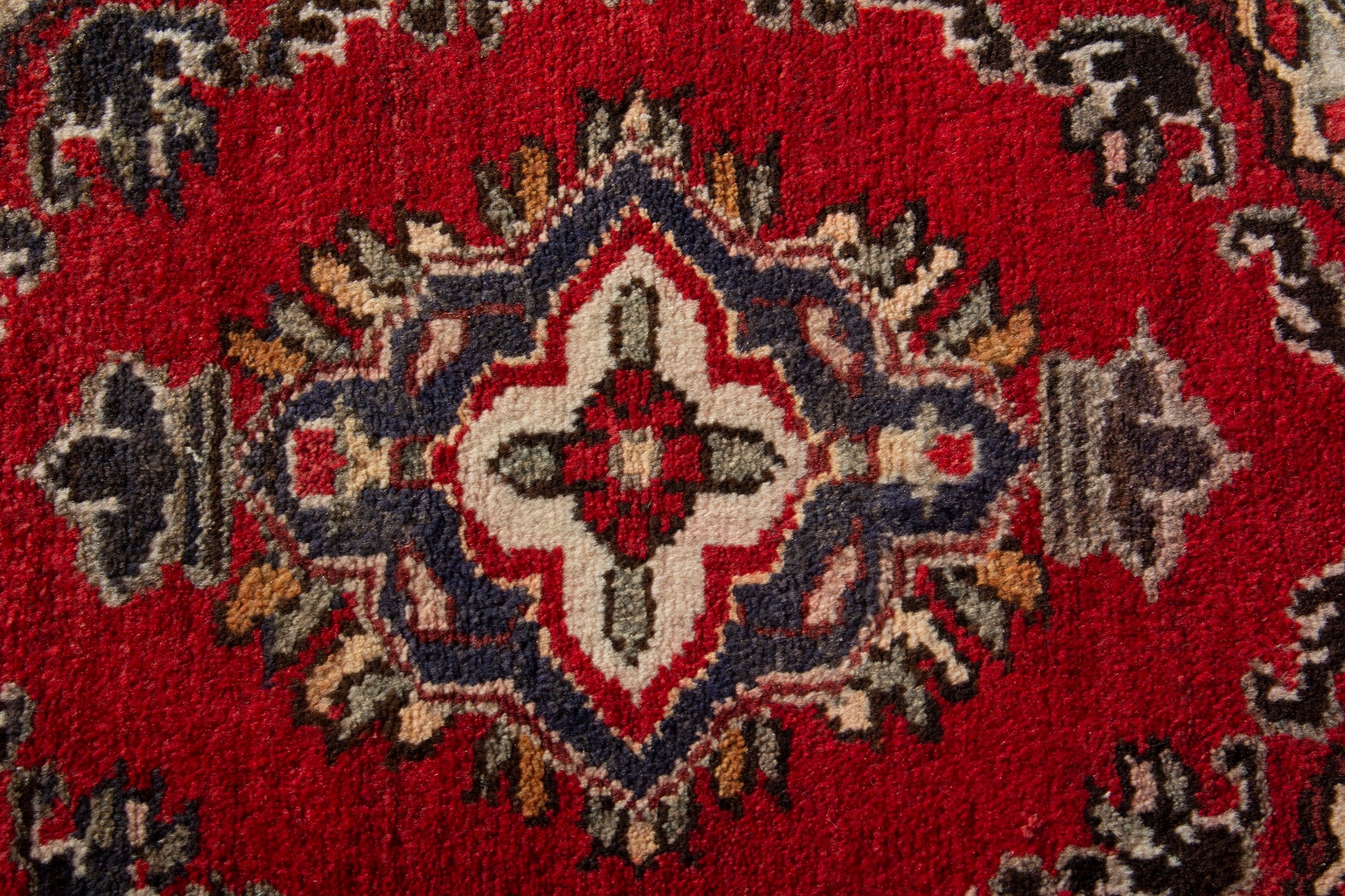 Persian Hamedan accent rug in deep red and ivory, view 6 of 8