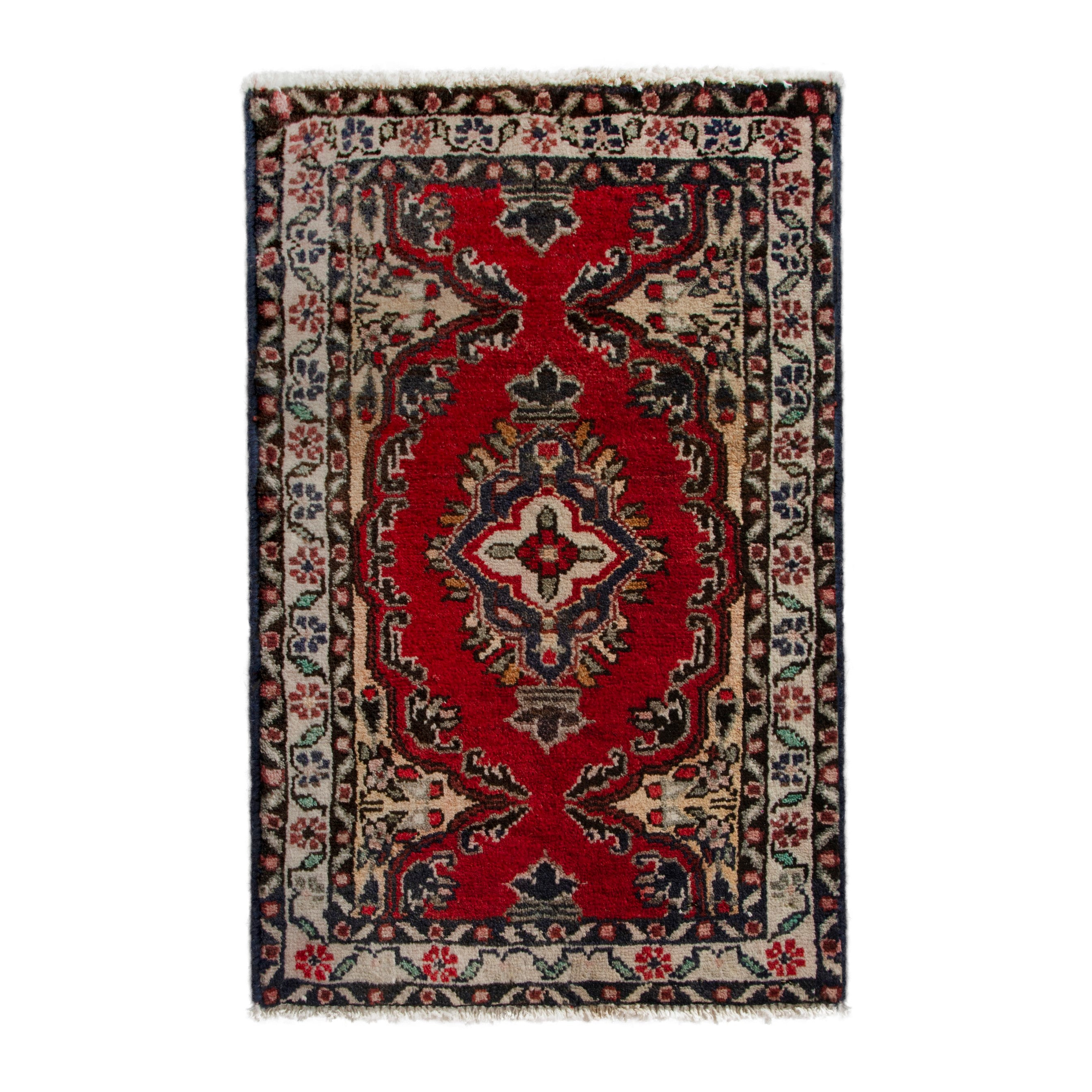 Persian Hamedan accent rug in deep red and ivory, 1'9" x 2'6"