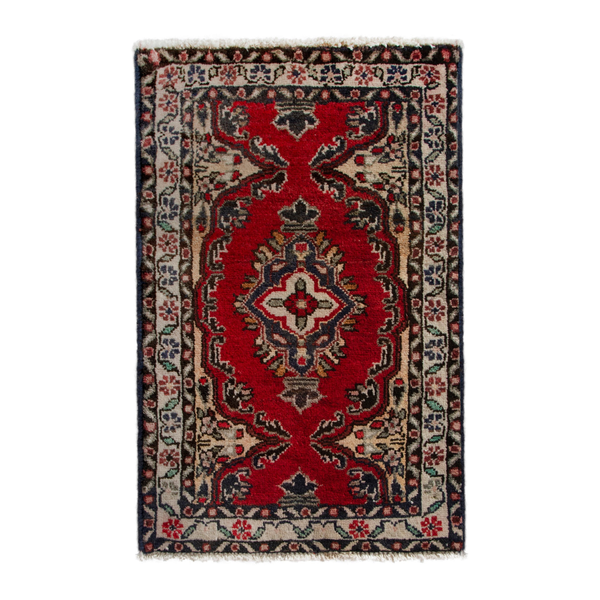 Persian Hamadan accent rug in deep red and ivory, 1'9" x 2'6"