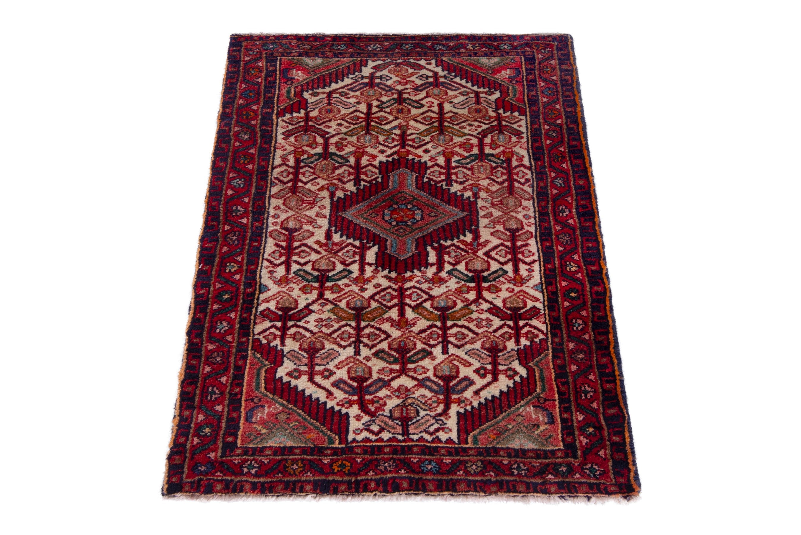 Persian Hamedan accent rug in cream and burgundy, view 2 of 7
