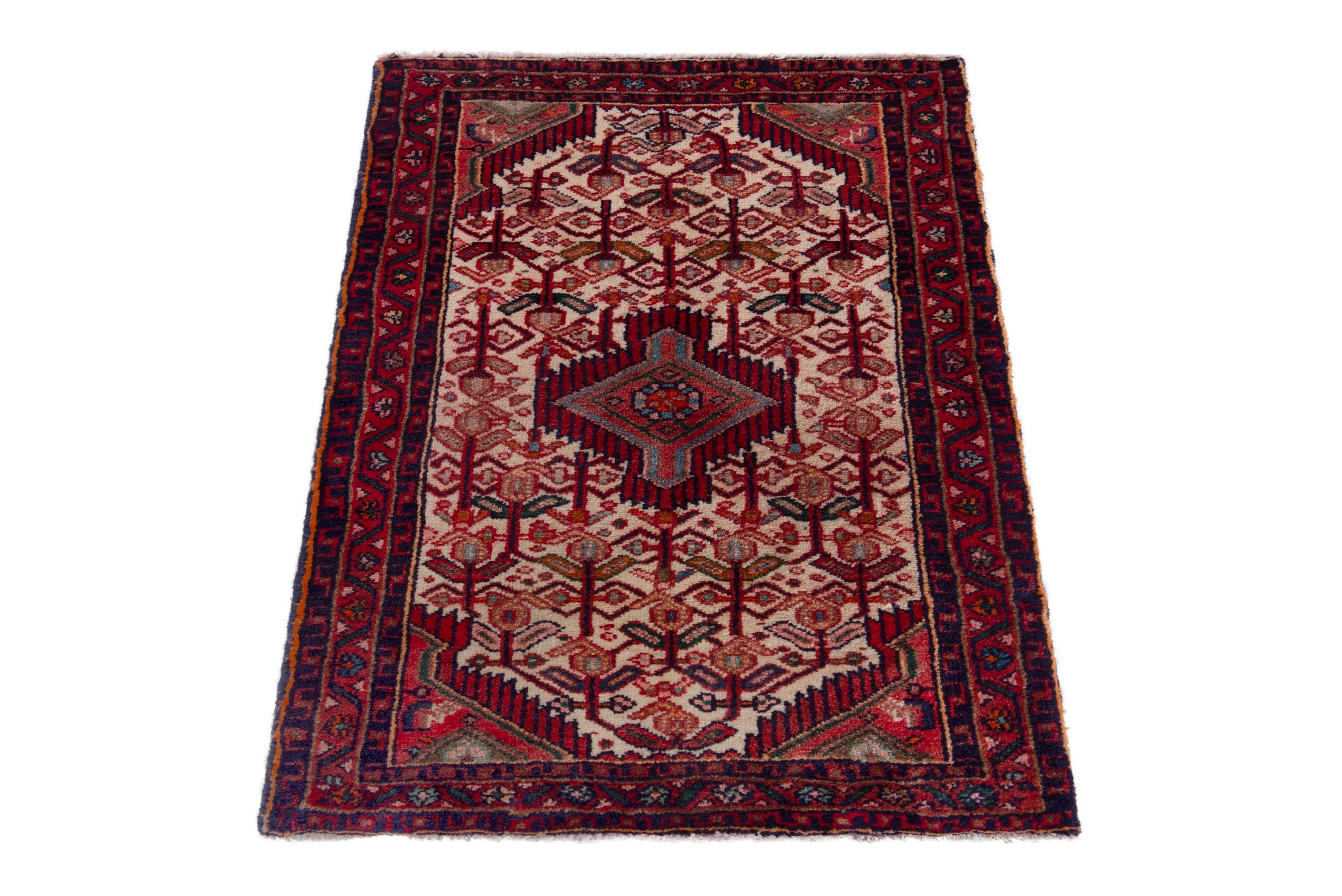 Persian Hamedan accent rug in cream and burgundy, view 3 of 7