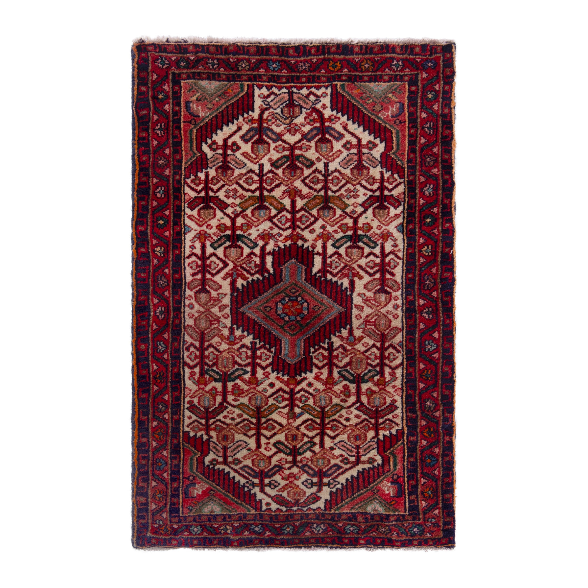 Persian Hamedan accent rug in cream and burgundy, 2'6" x 3'4"