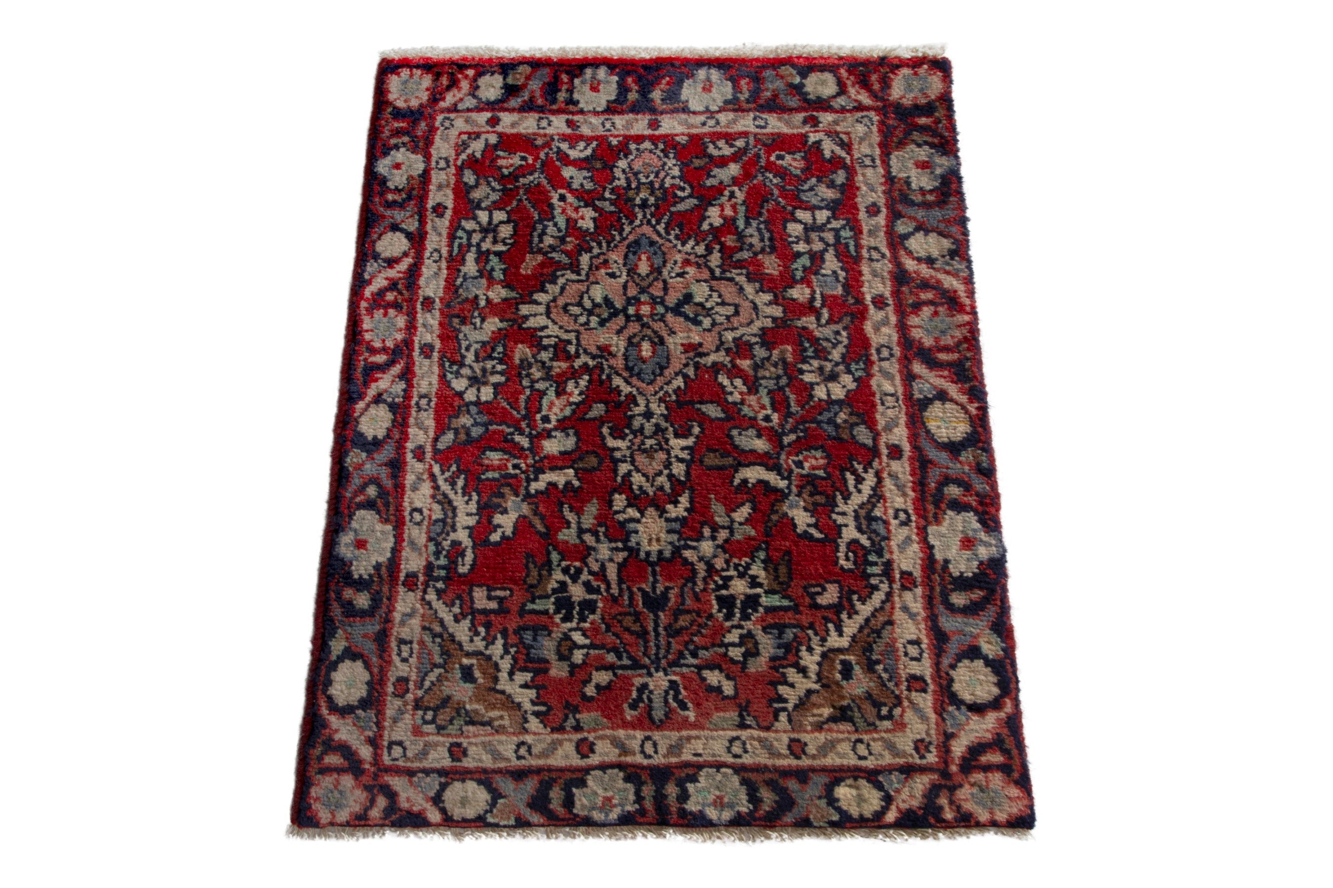 Persian Hamedan accent rug in deep red and cream, view 2 of 8