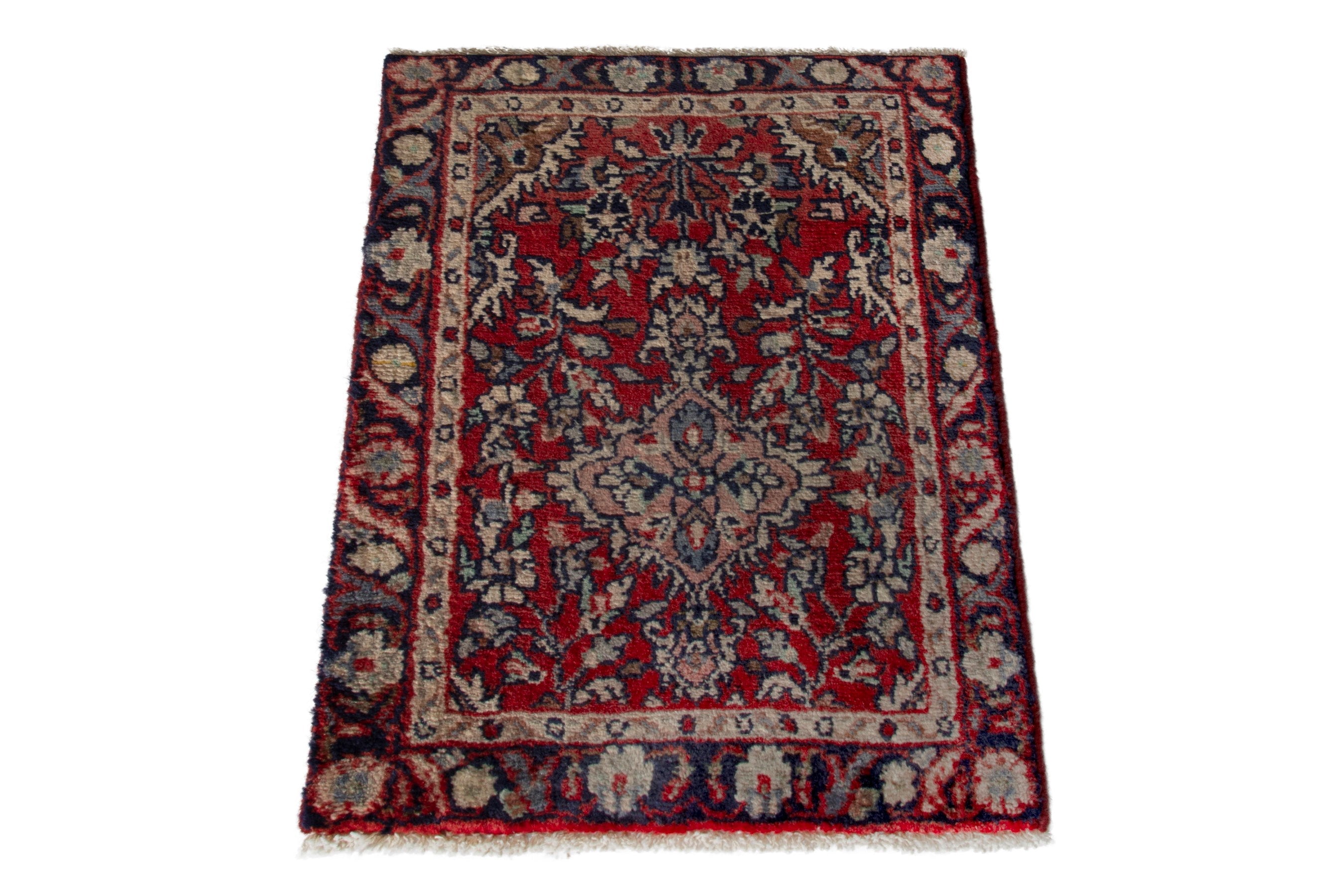 Persian Hamedan accent rug in deep red and cream, view 3 of 8