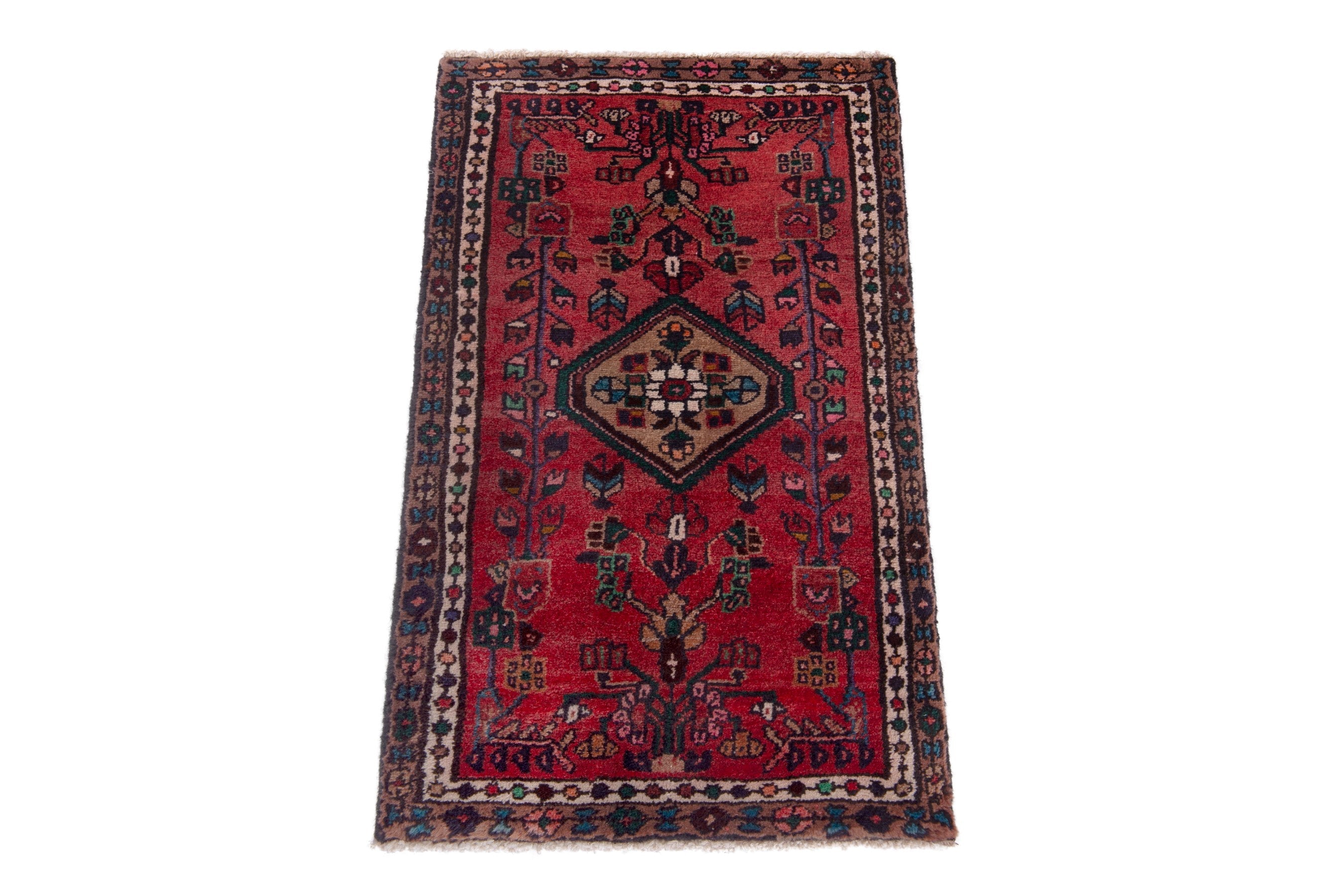 Persian Hamedan accent rug in deep red and burgundy, view 3 of 7