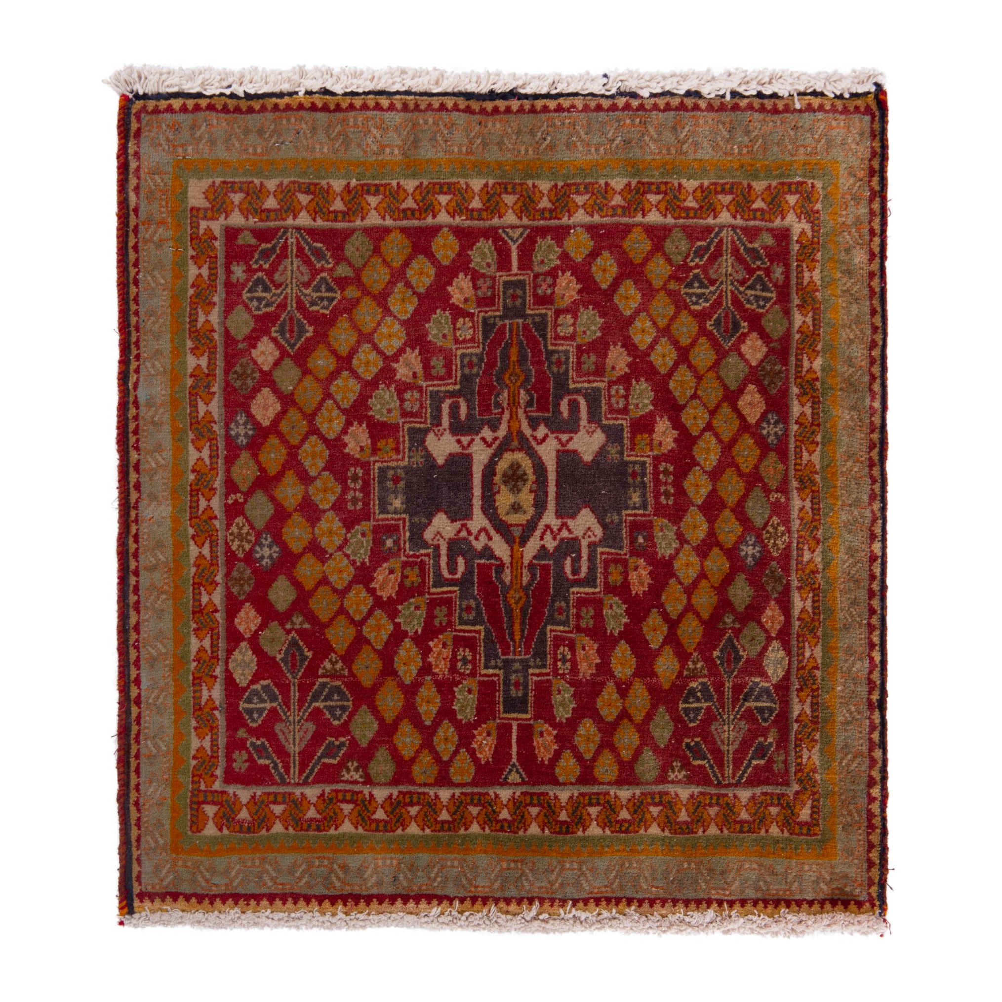 Persian Shiraz accent rug in burgundy and rust, 2'1" x 2'1"
