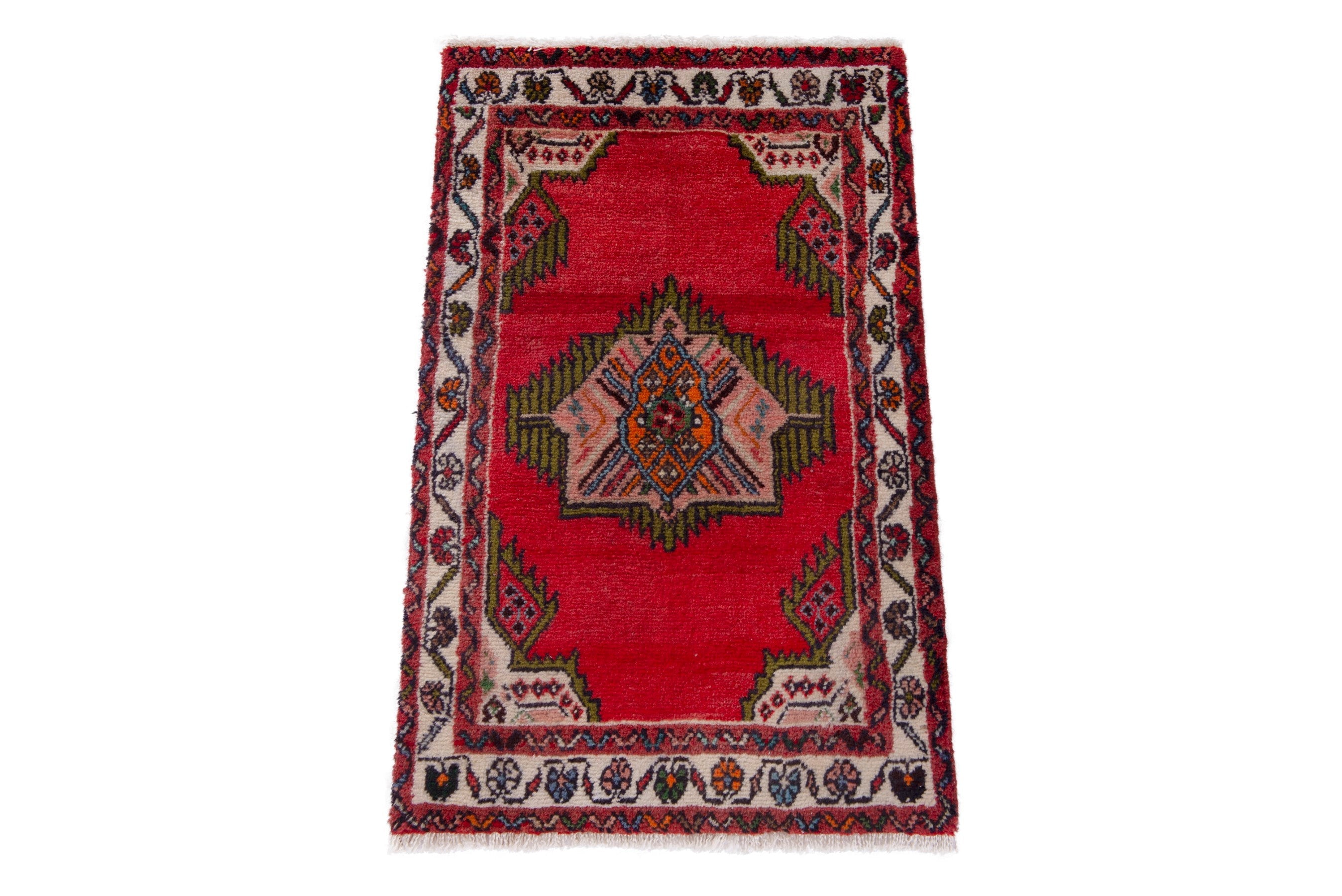 Persian Hamedan accent rug in deep red and cream, view 2 of 7