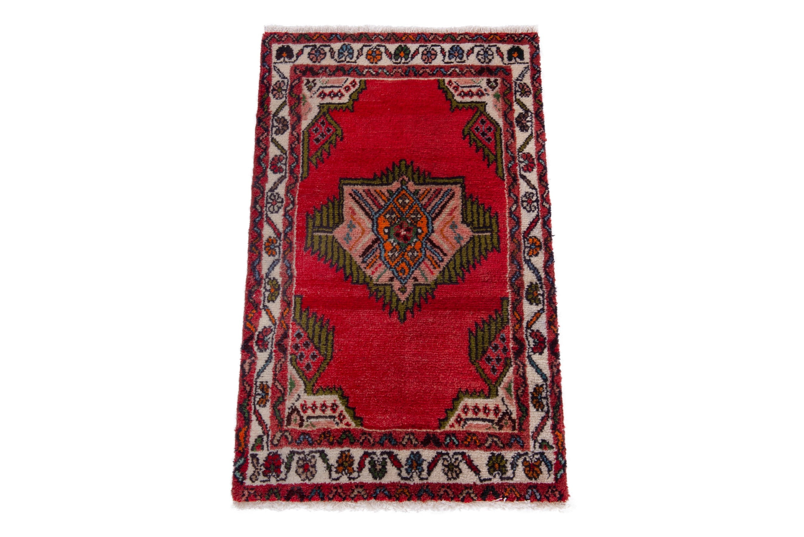 Persian Hamedan accent rug in deep red and cream, view 3 of 7