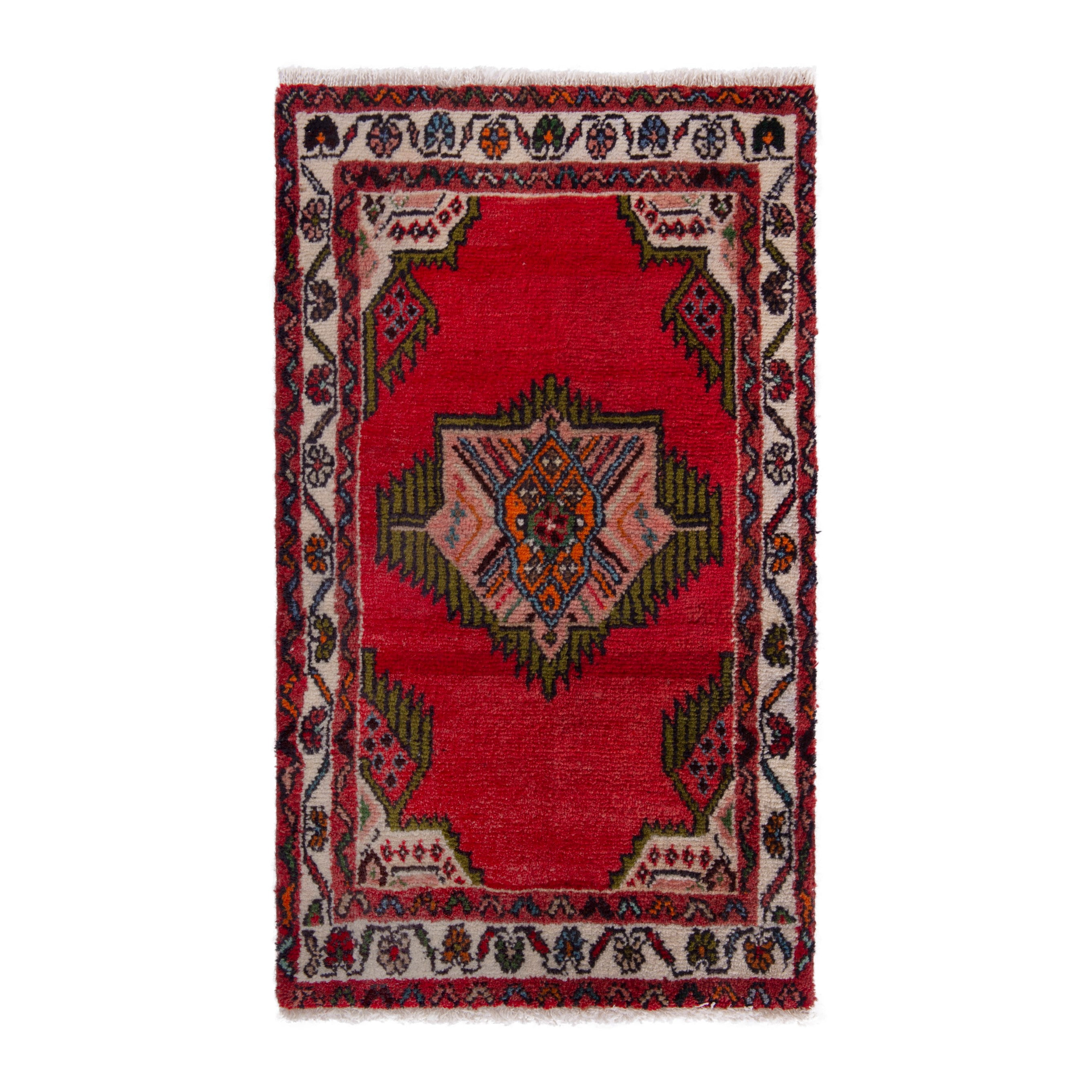 Persian Hamedan accent rug in deep red and cream, 2' x 3'3"