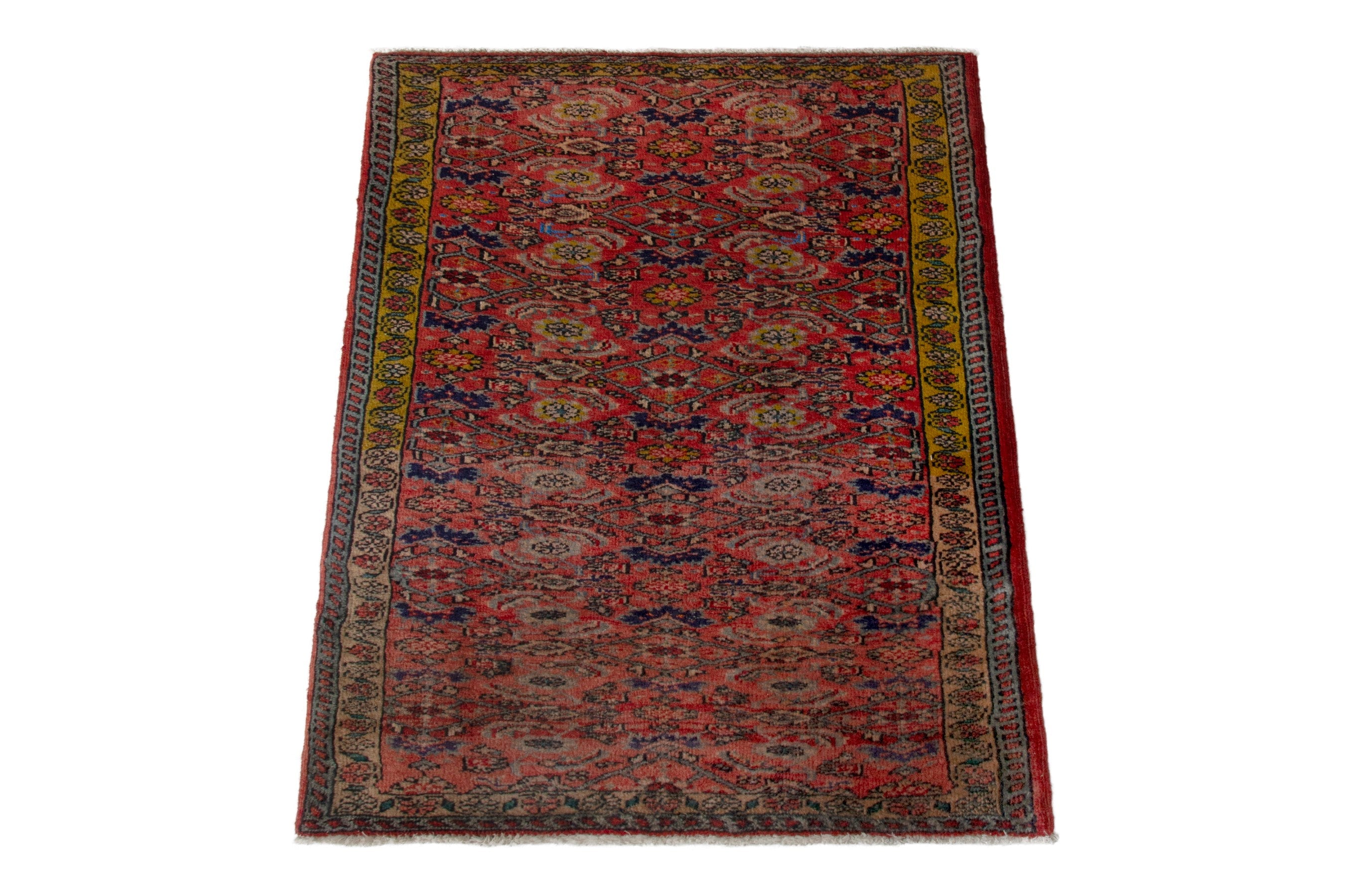 Persian Bijar accent rug in deep red and mustard, view 3 of 8