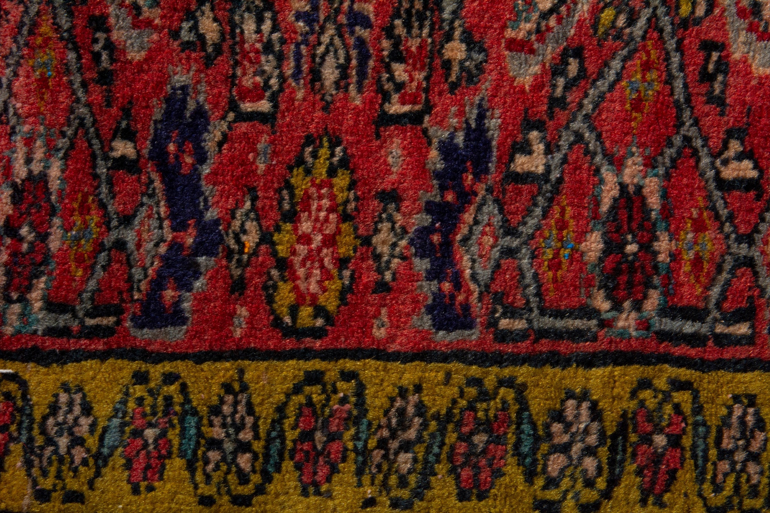 Persian Bijar accent rug in deep red and mustard, view 7 of 8