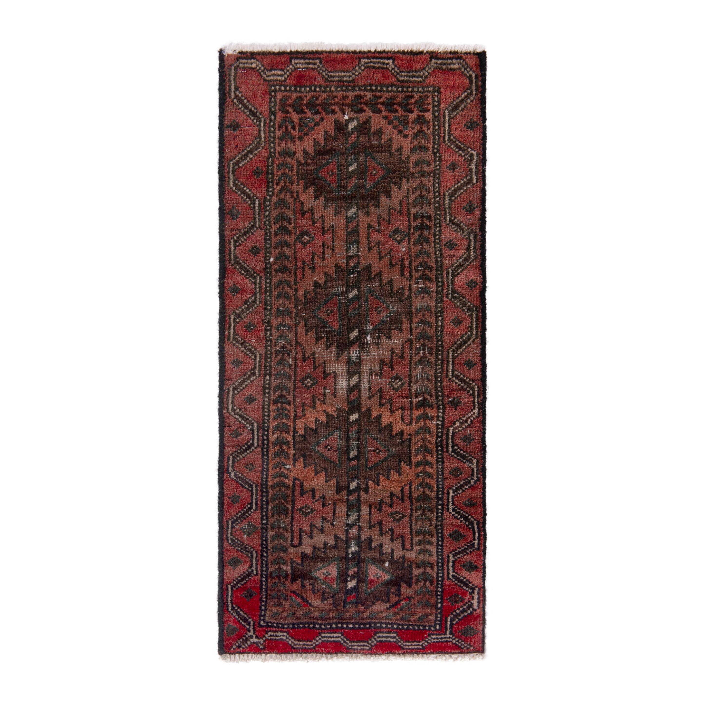 Persian Baluch accent rug in faded red and burgundy, 1'4" x 2'10"