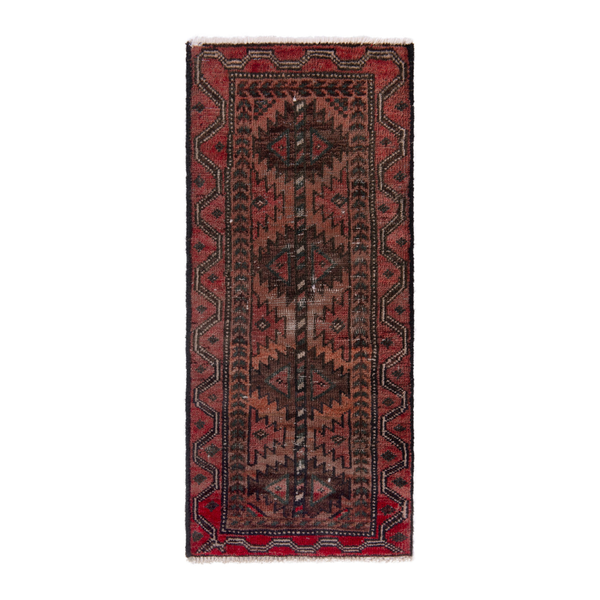 Persian Baluch runner rug in faded red and burgundy, 1'4" x 2'10"