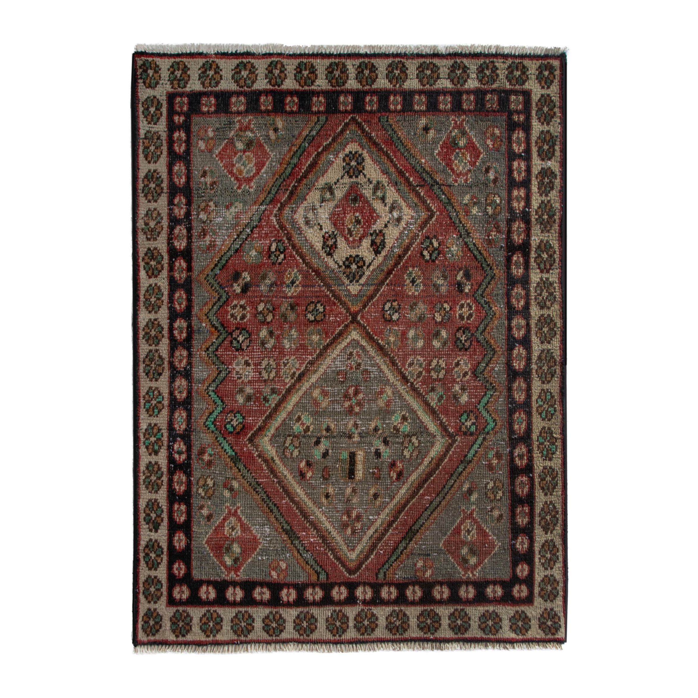 Persian Bakhtiari accent rug in muted pink and burgundy, 2'9" x 3'3"