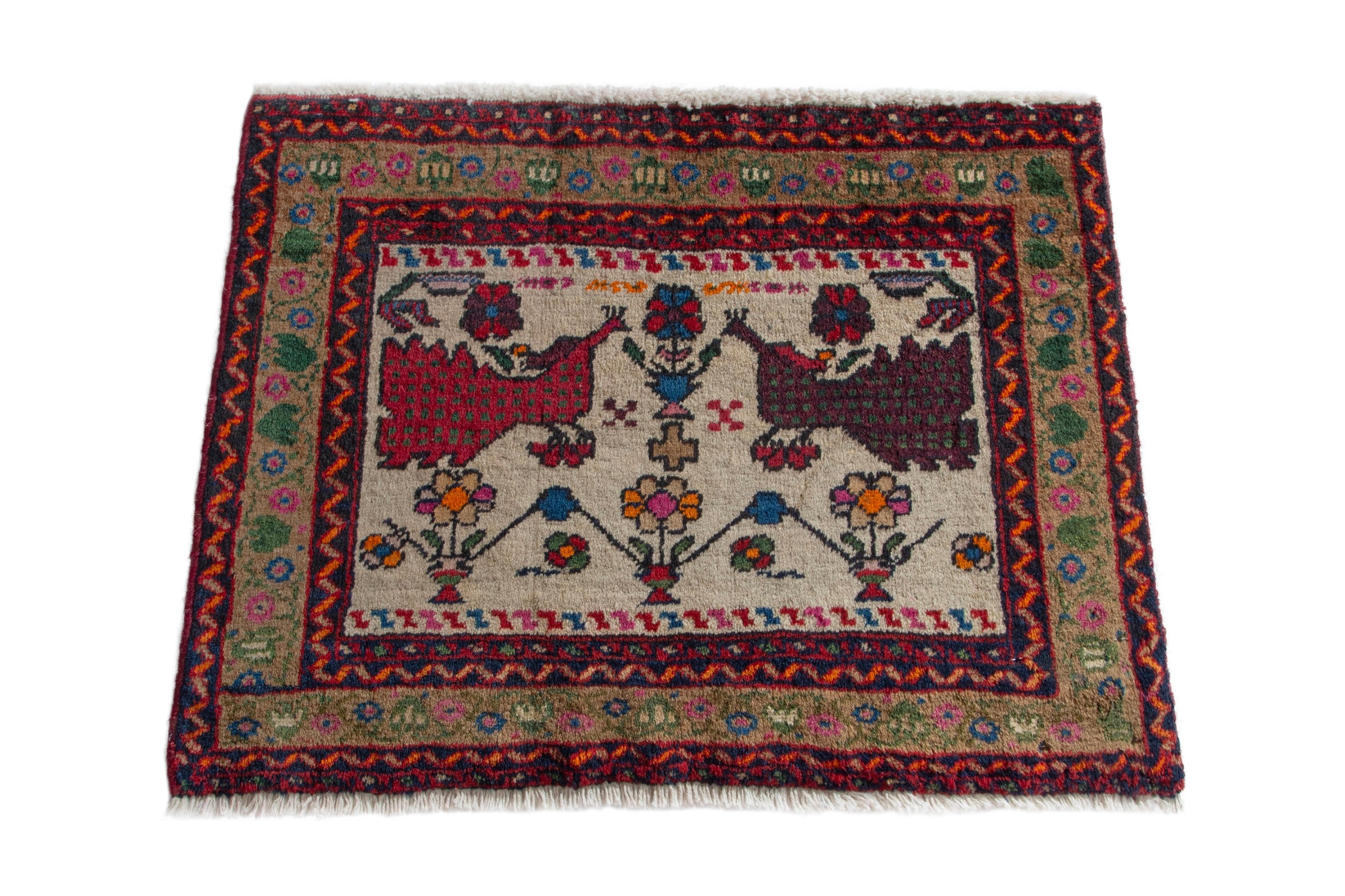 Persian Baluch accent rug in deep red and cream, view 3 of 8