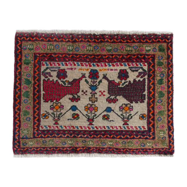 Persian Baluch accent rug in deep red and cream, 2'6" x 1'9"
