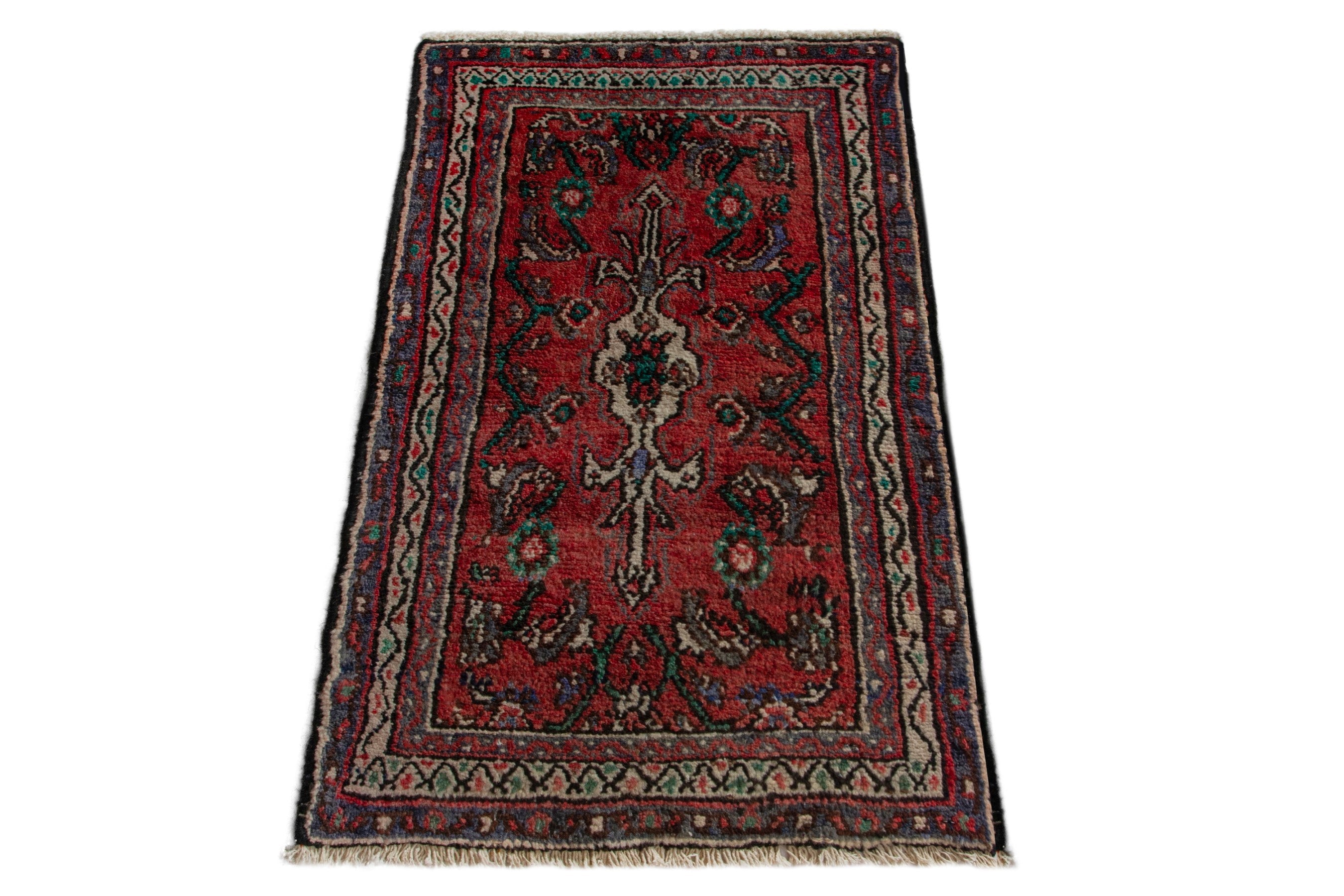 Persian Hamedan accent rug in deep red and ivory, view 2 of 7