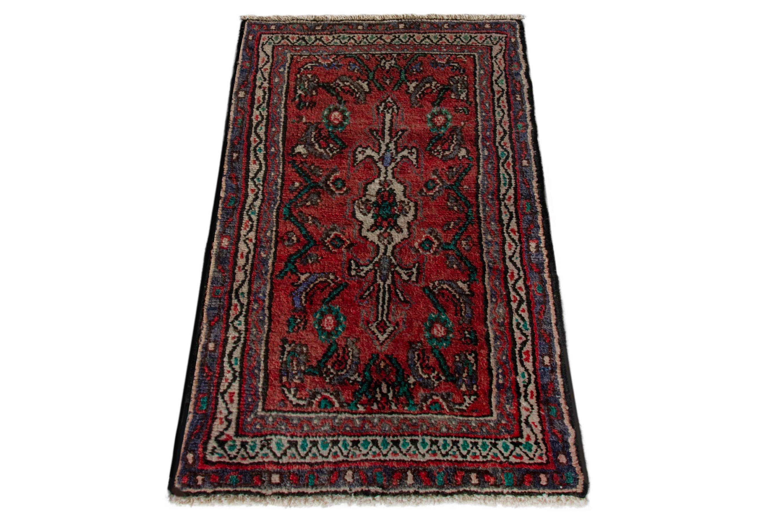 Persian Hamedan accent rug in deep red and ivory, view 3 of 7