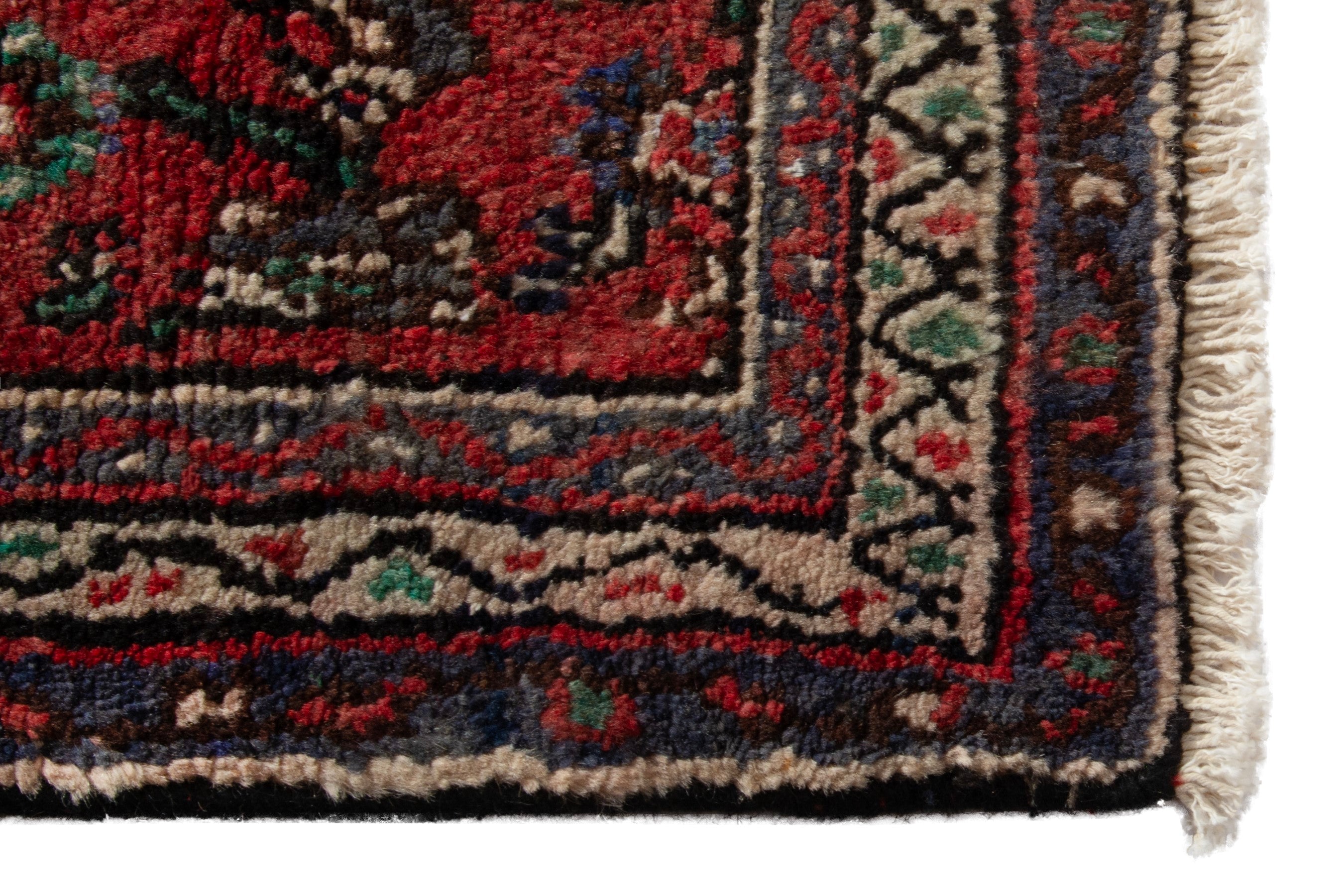 Persian Hamedan accent rug in deep red and ivory, view 4 of 7