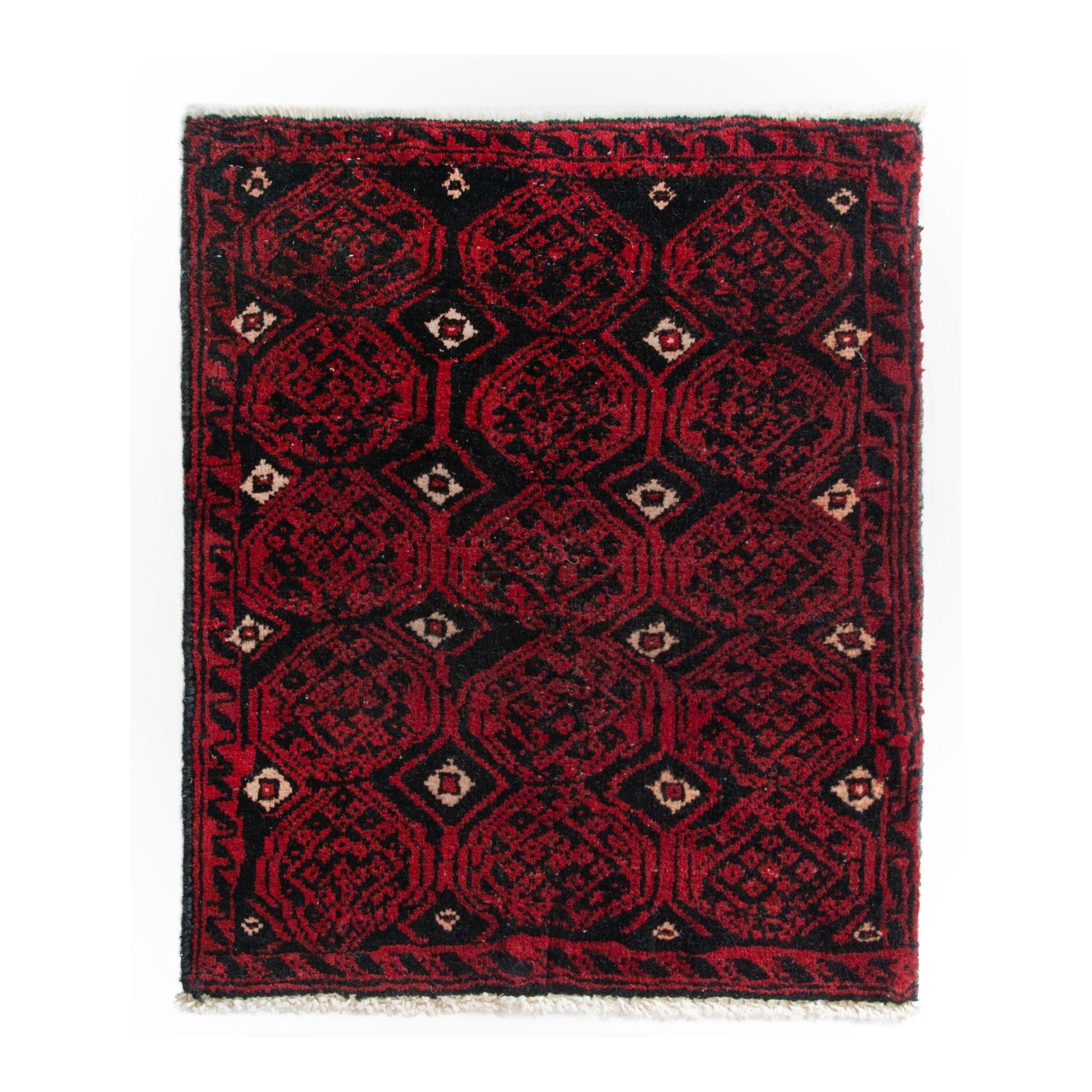 Persian Baluch accent rug in deep red and black cherry, 1'11" x 1'10"