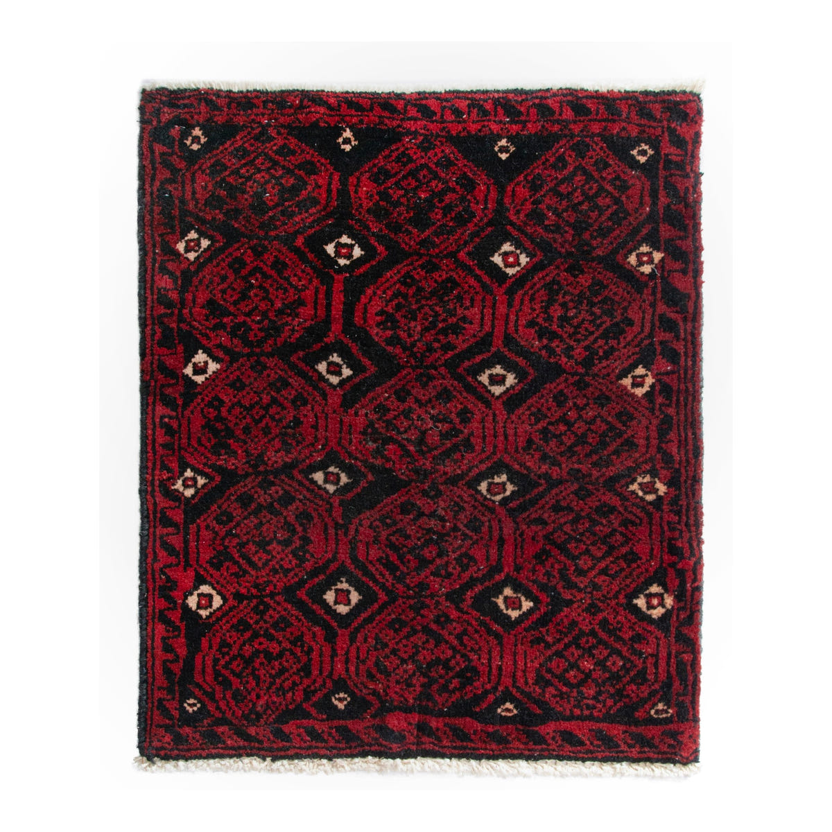 Persian Baluch accent rug in deep red and black cherry, 1'11" x 1'10"