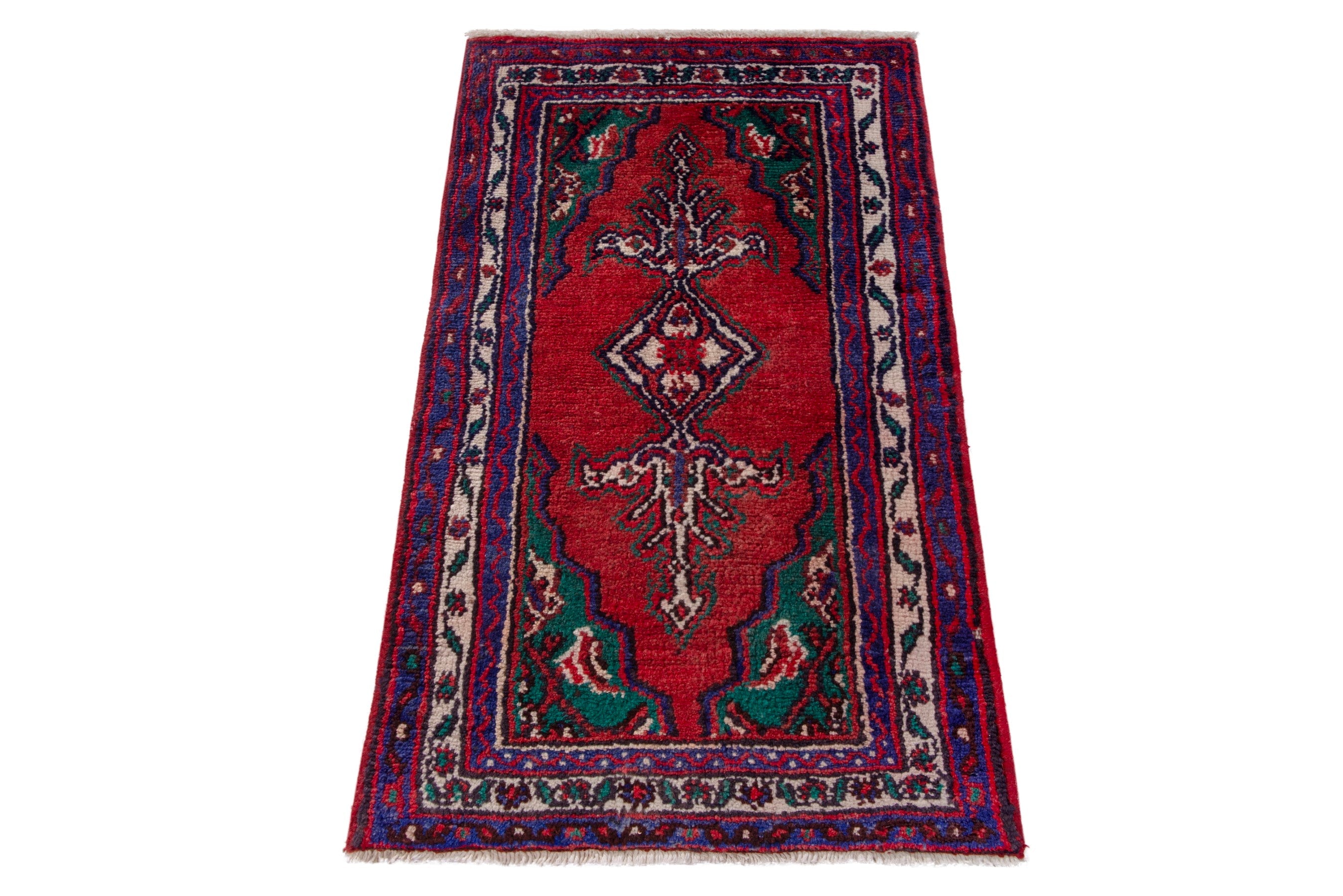 Persian Hamedan accent rug in deep red and navy, view 2 of 7