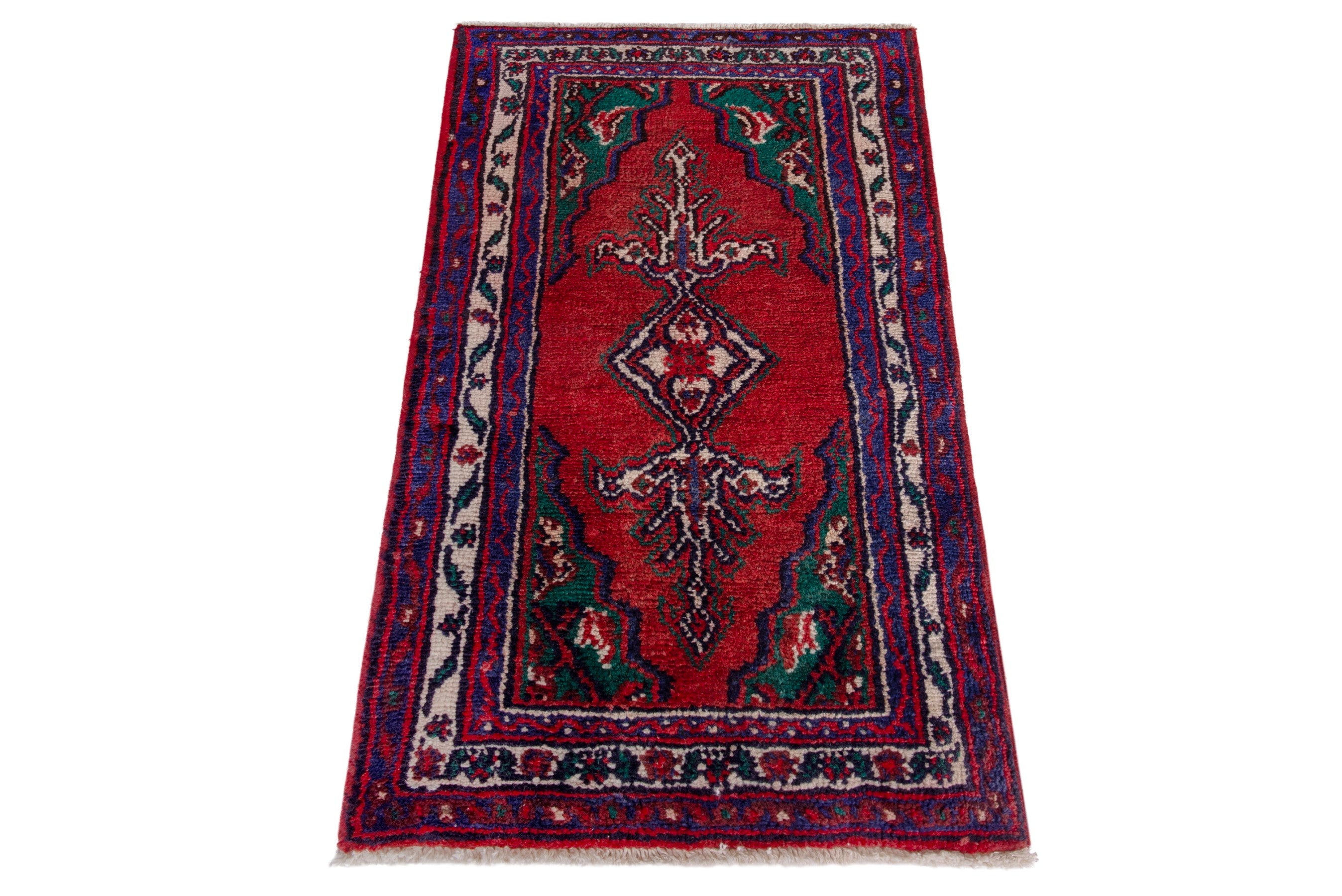 Persian Hamedan accent rug in deep red and navy, view 3 of 7