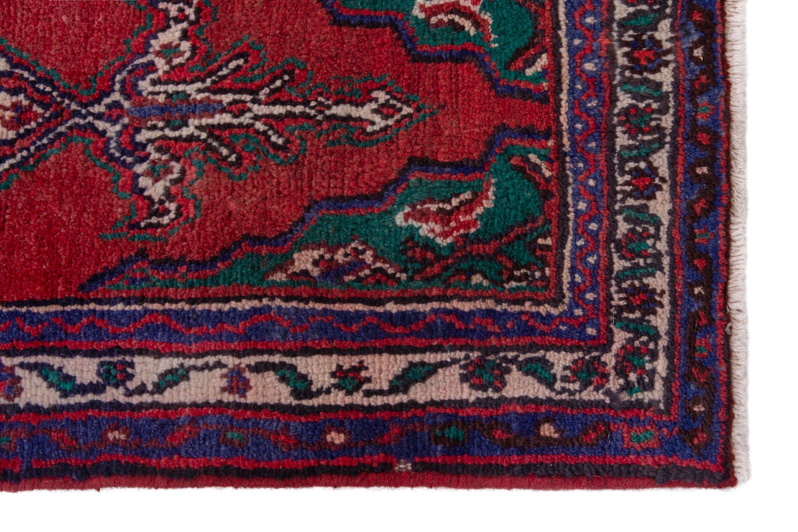Persian Hamedan accent rug in deep red and navy, view 4 of 7