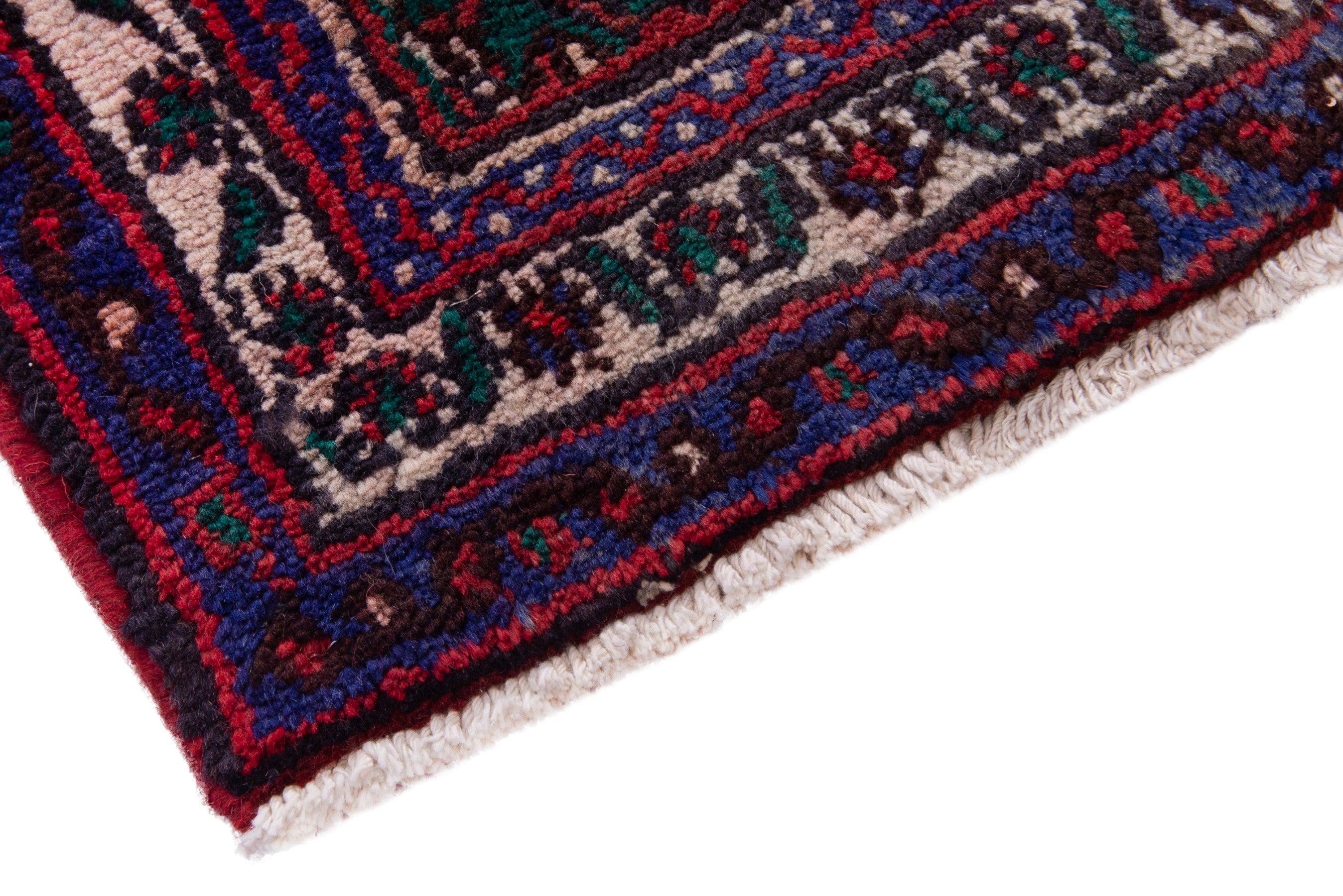 Persian Hamedan accent rug in deep red and navy, view 5 of 7