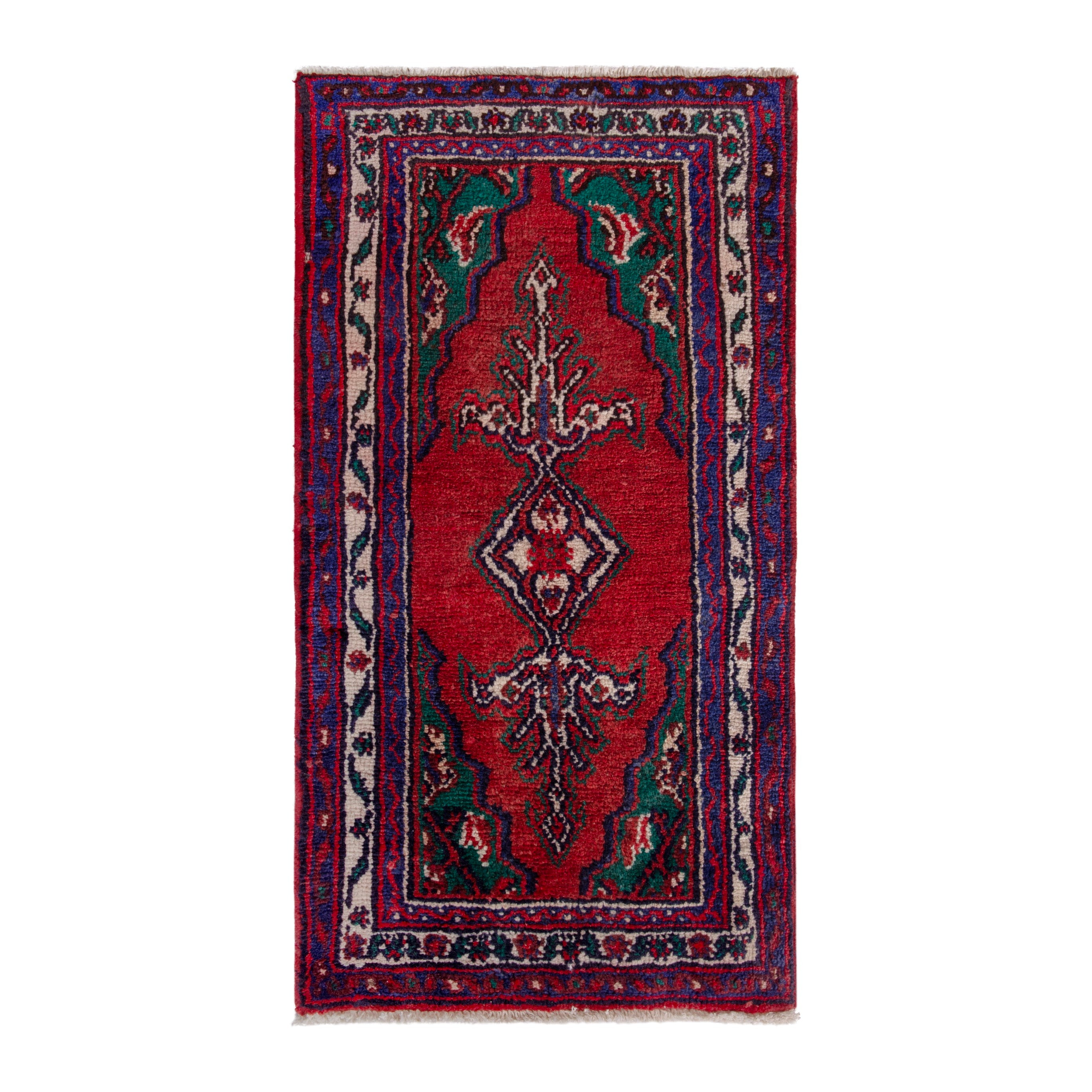Persian Hamedan accent rug in deep red and navy, 1'11" x 3'11"