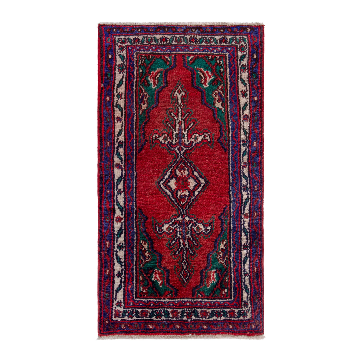 Persian Hamedan accent rug in deep red and navy, 1'11" x 3'11"
