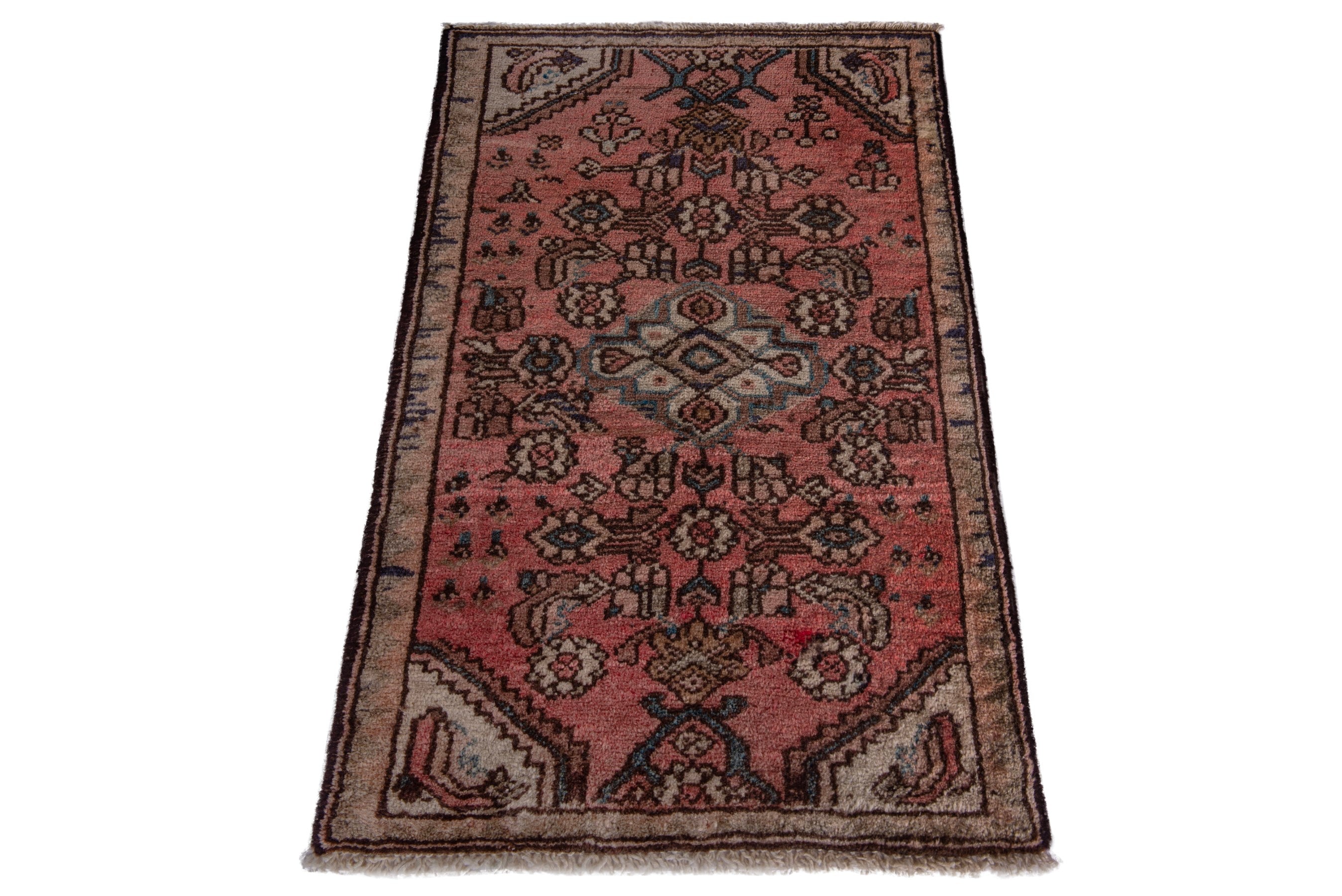 Persian Hamedan accent rug in dusty rose and faded red, view 2 of 7