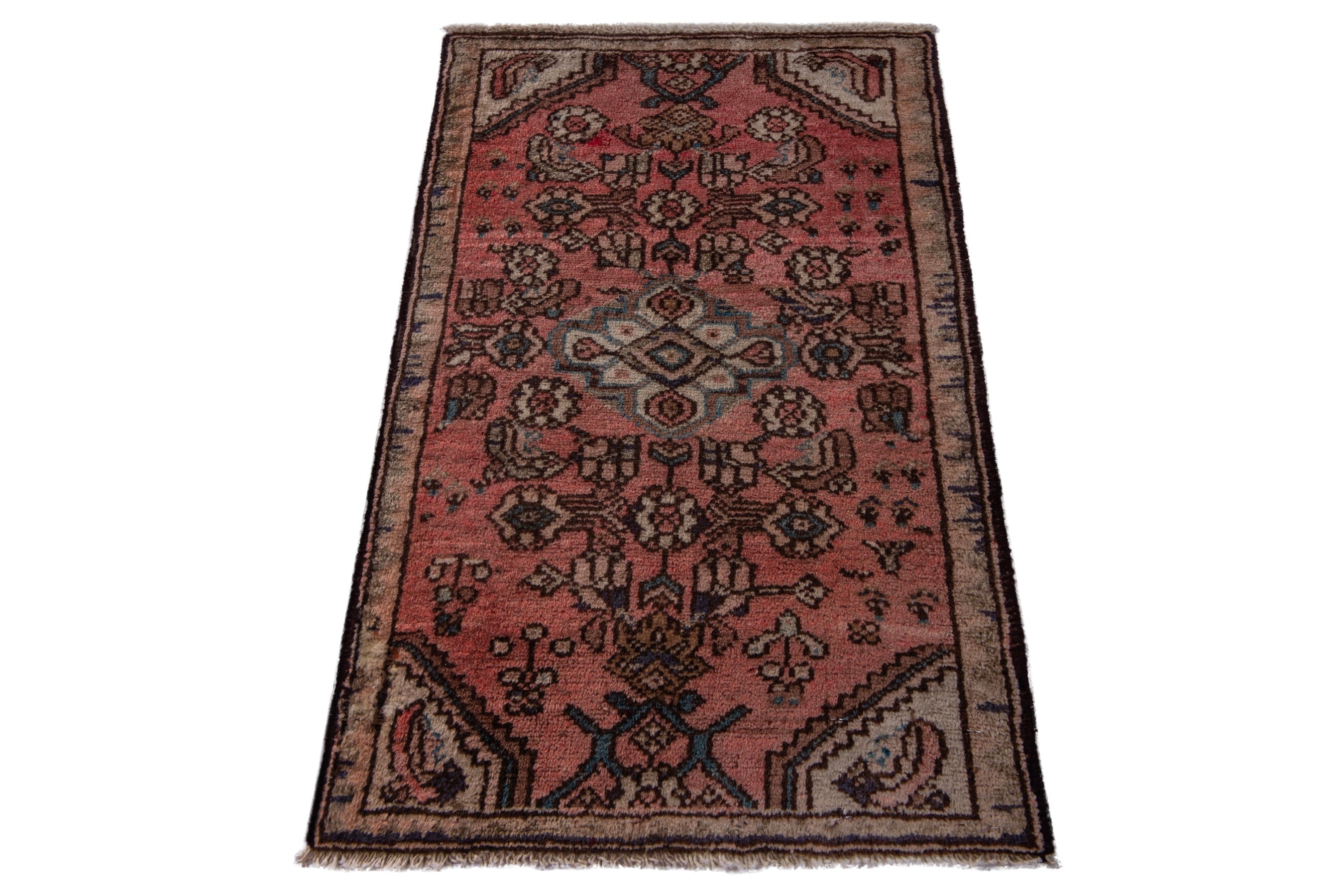 Persian Hamedan accent rug in dusty rose and faded red, view 3 of 7