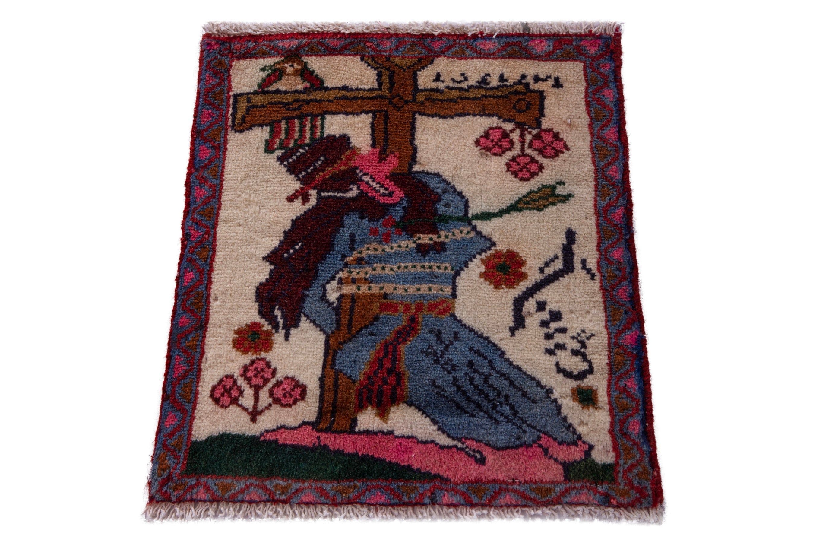 Persian Hamedan accent rug in cream and burgundy, view 2 of 6