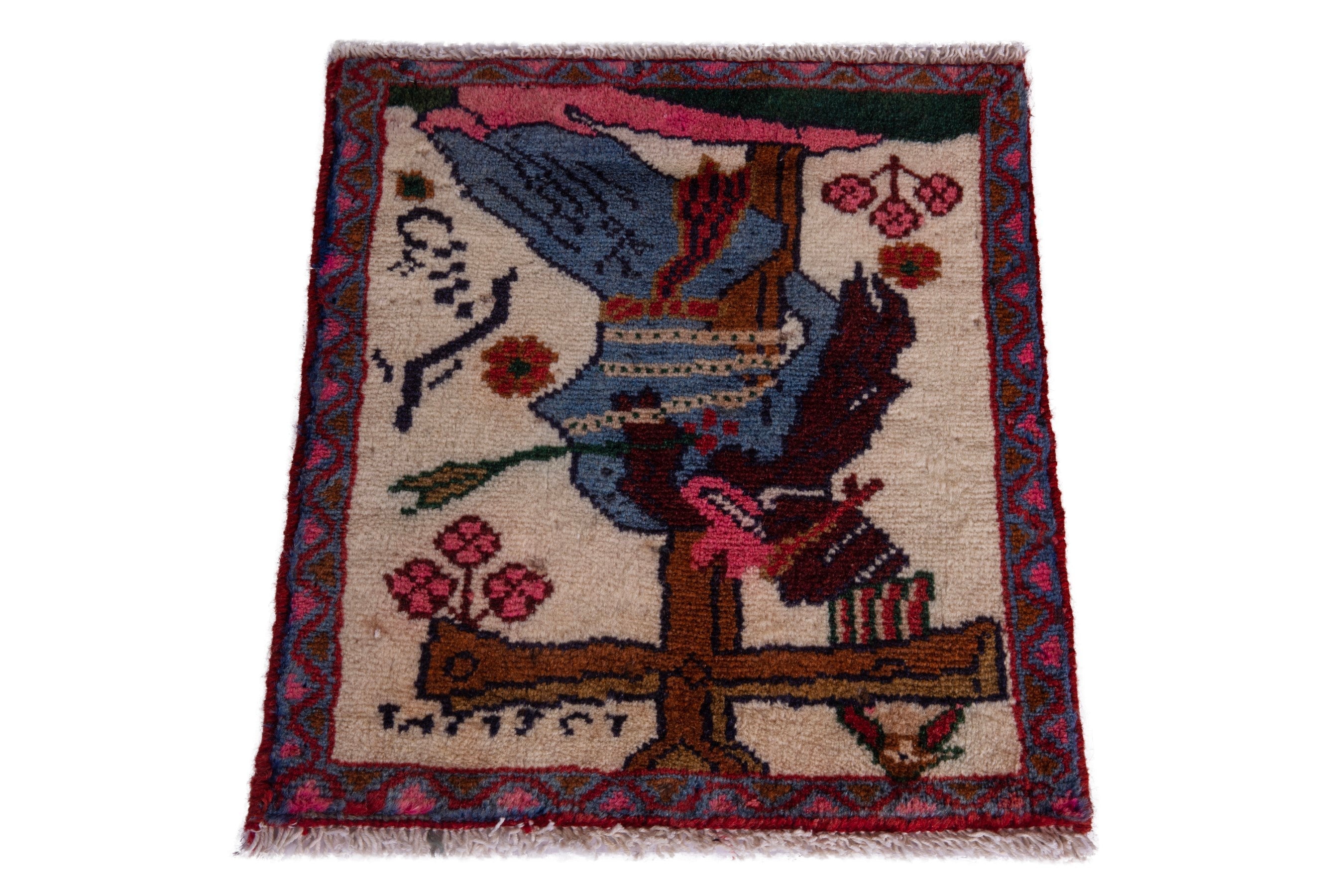 Persian Hamedan accent rug in cream and burgundy, view 3 of 6