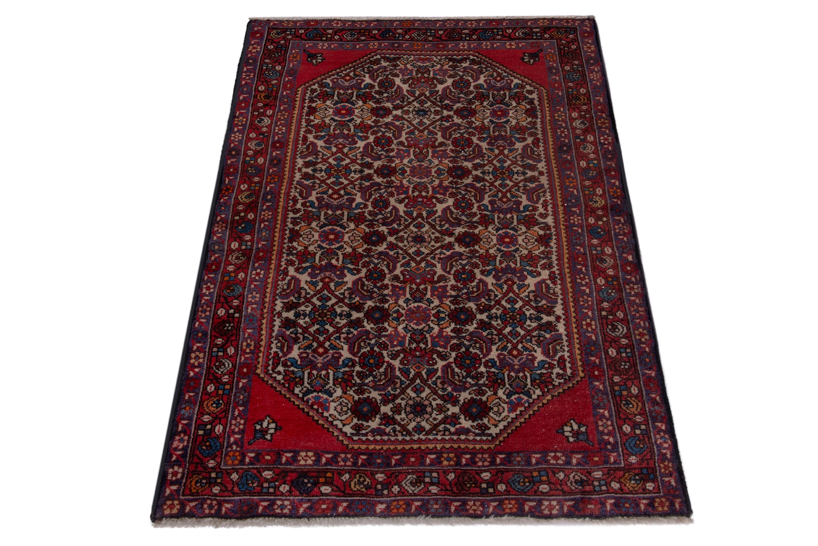 Persian Hamedan accent rug in deep red and dark brown, view 2 of 7