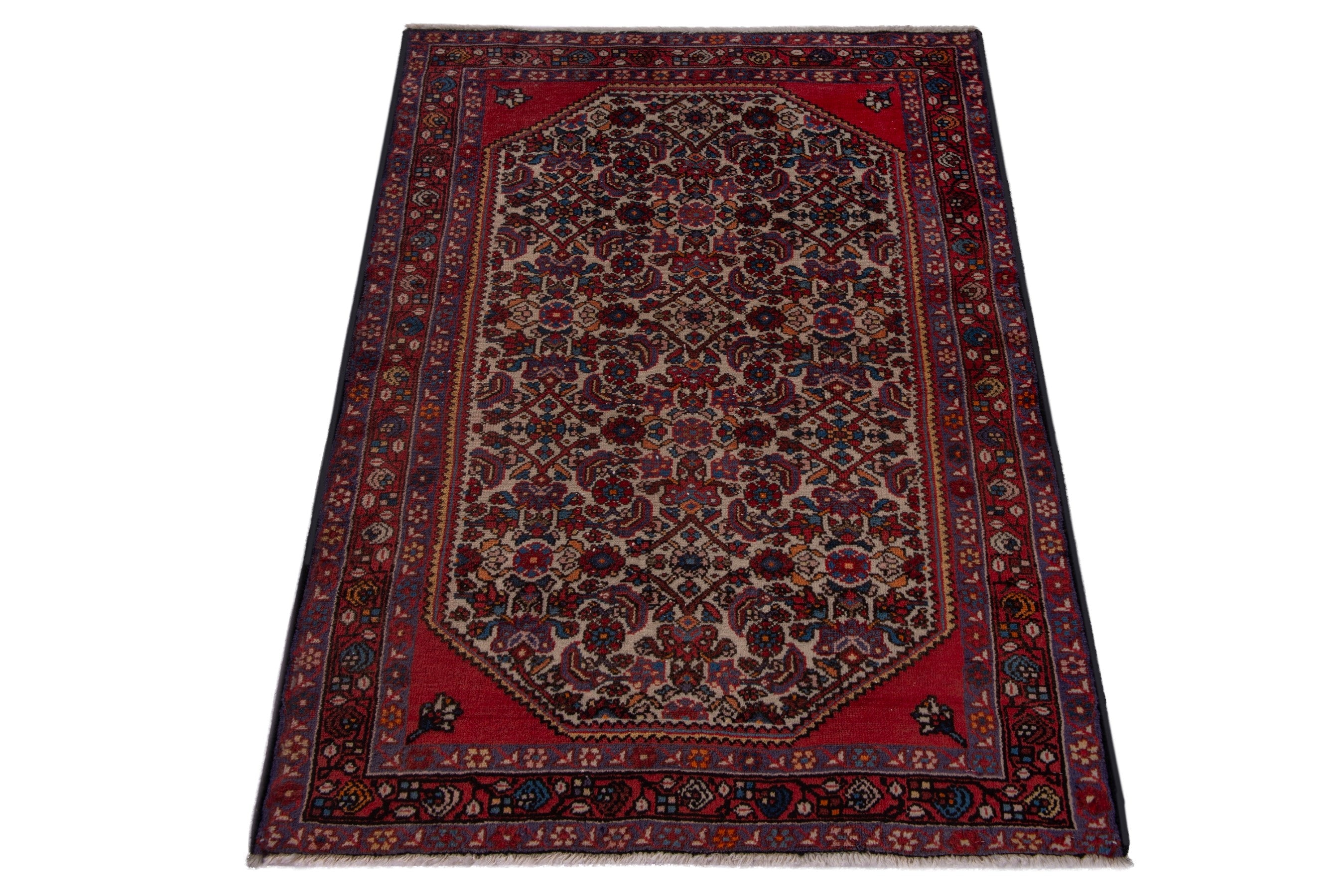 Persian Hamedan accent rug in deep red and dark brown, view 3 of 7