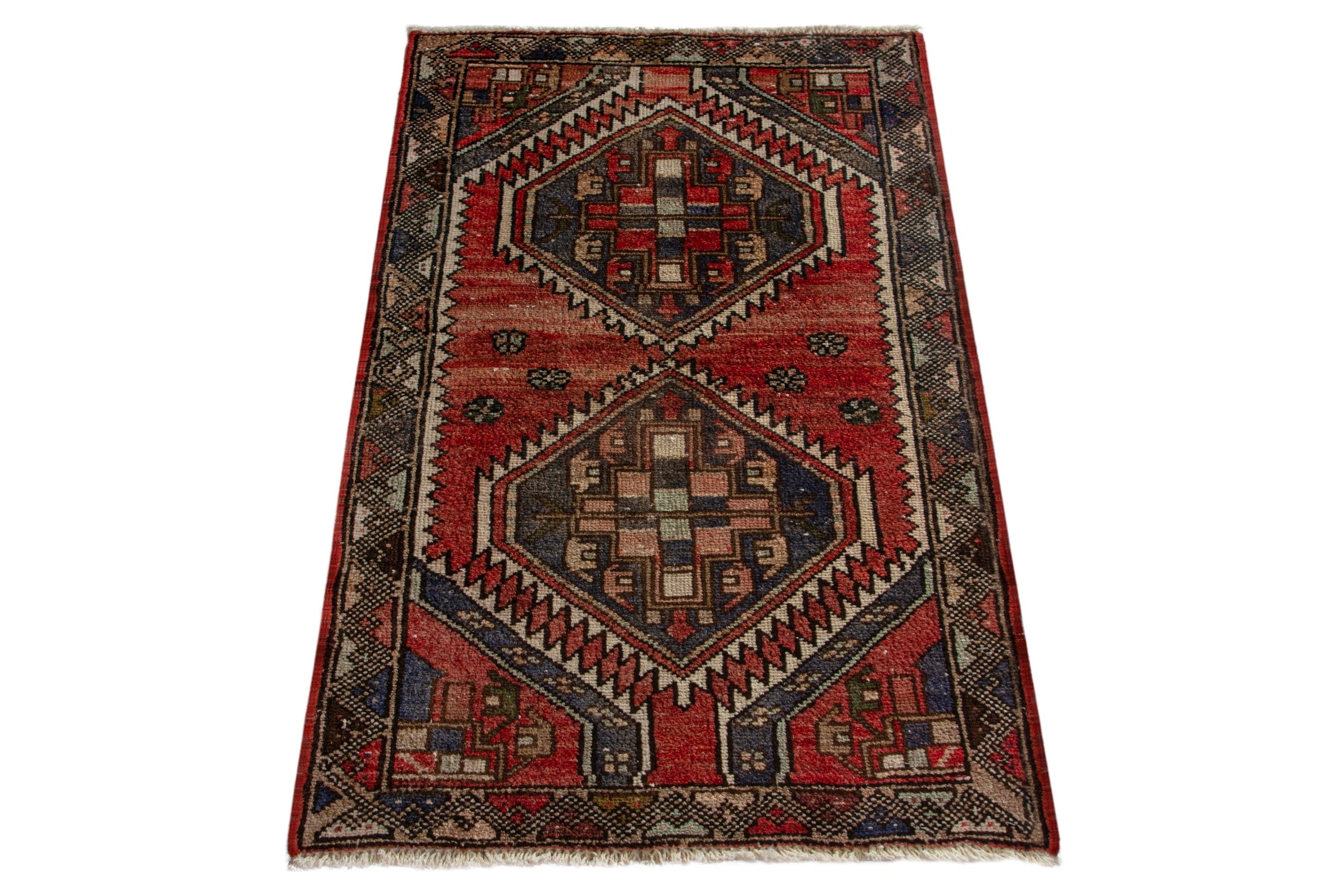 Persian Zanjan accent rug in deep red and charcoal, view 2 of 7