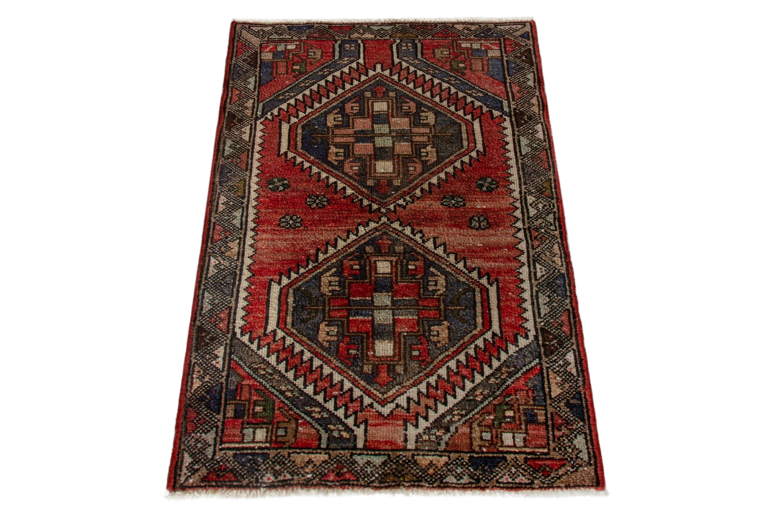 Persian Zanjan accent rug in deep red and charcoal, view 3 of 7