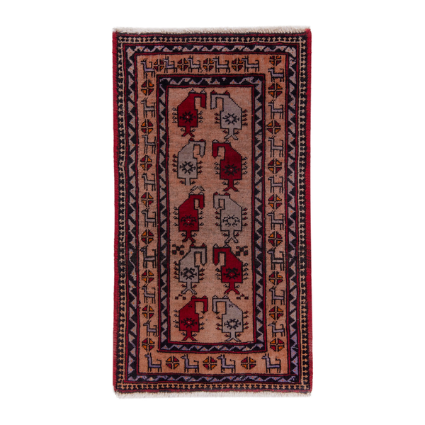 Persian Baluch accent rug in beige and deep red, 1'4" x 2'6"