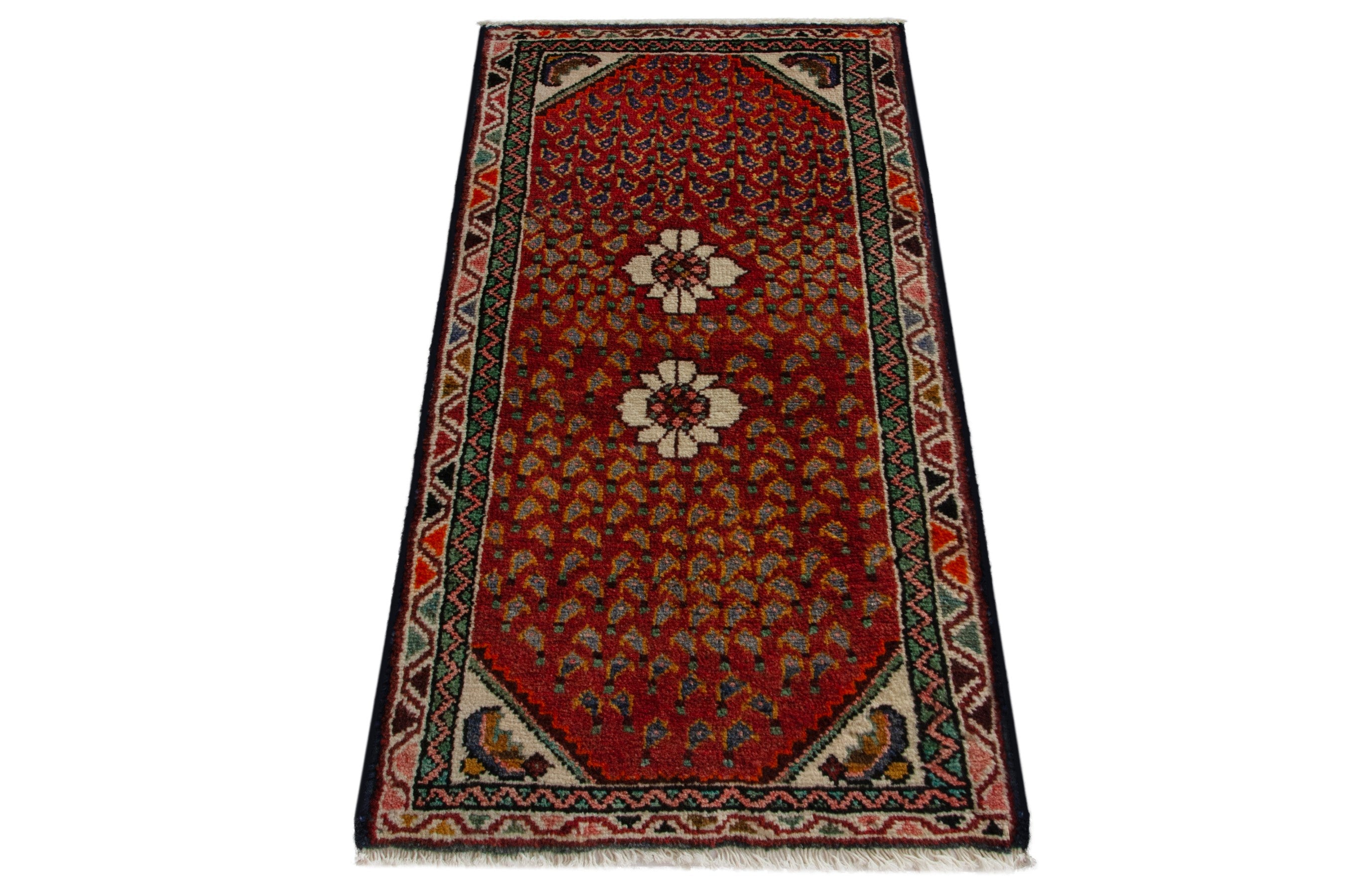 Persian Hamedan accent rug in deep red and off-white, view 2 of 8