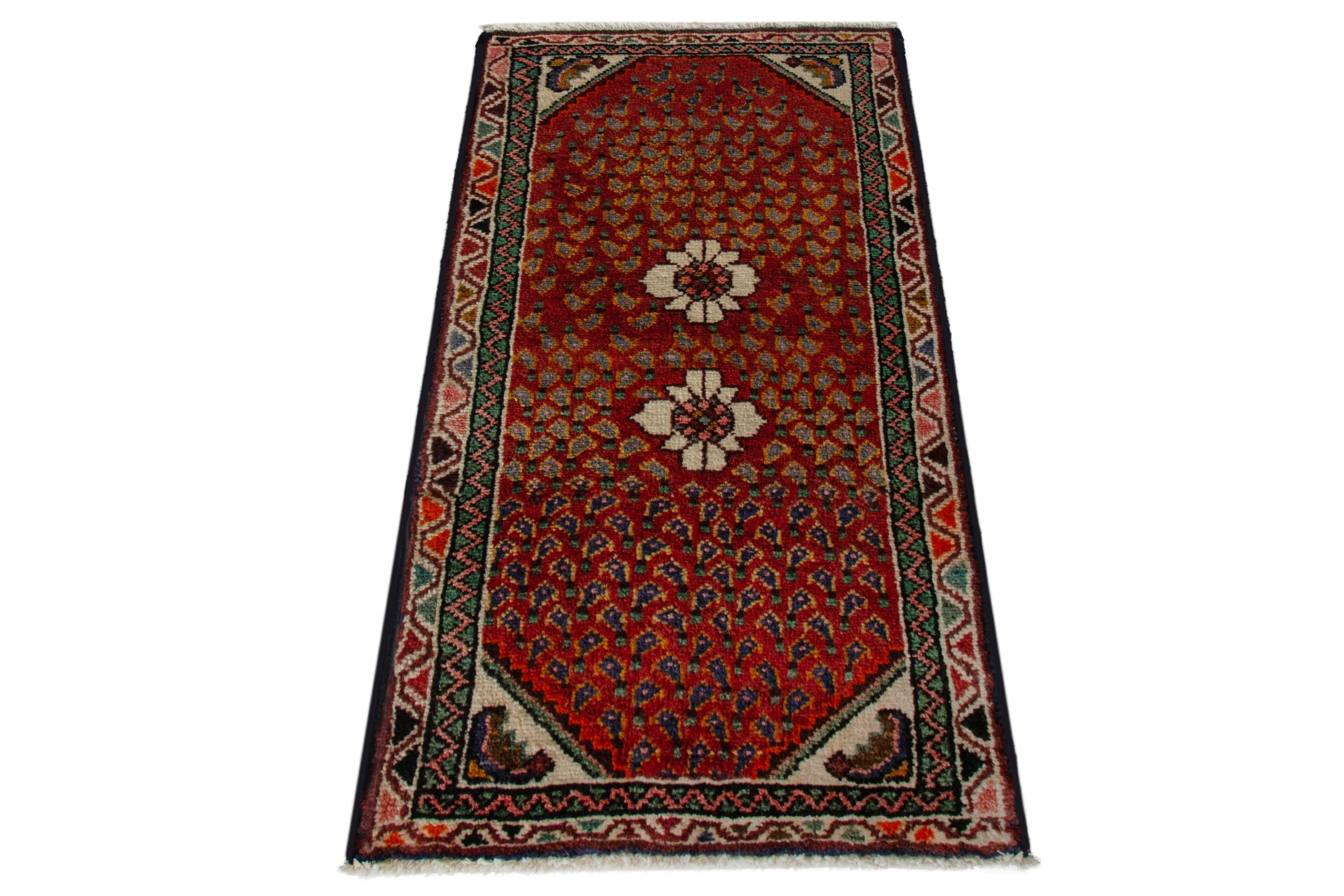 Persian Hamedan accent rug in deep red and off-white, view 3 of 8