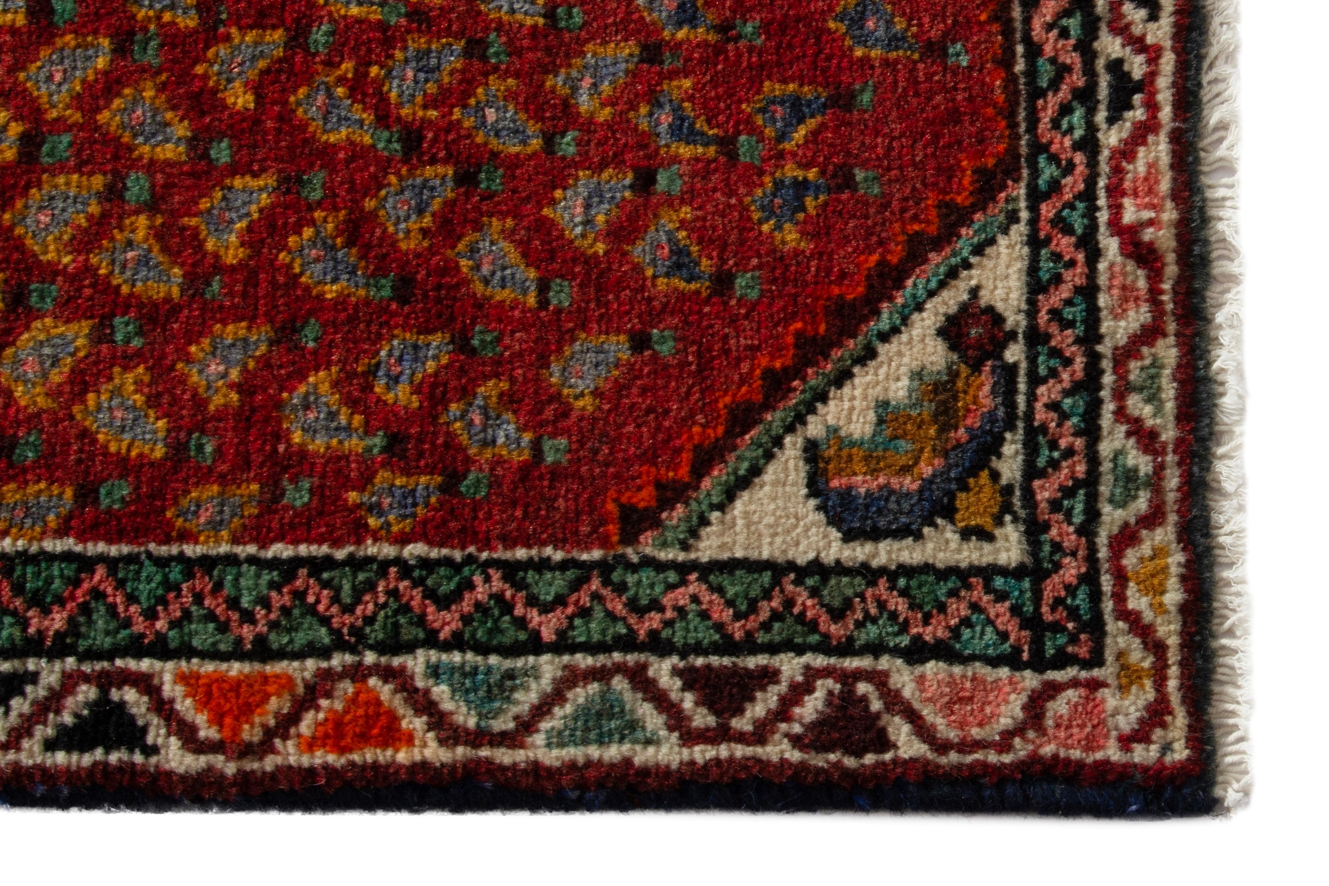 Persian Hamedan accent rug in deep red and off-white, view 4 of 8