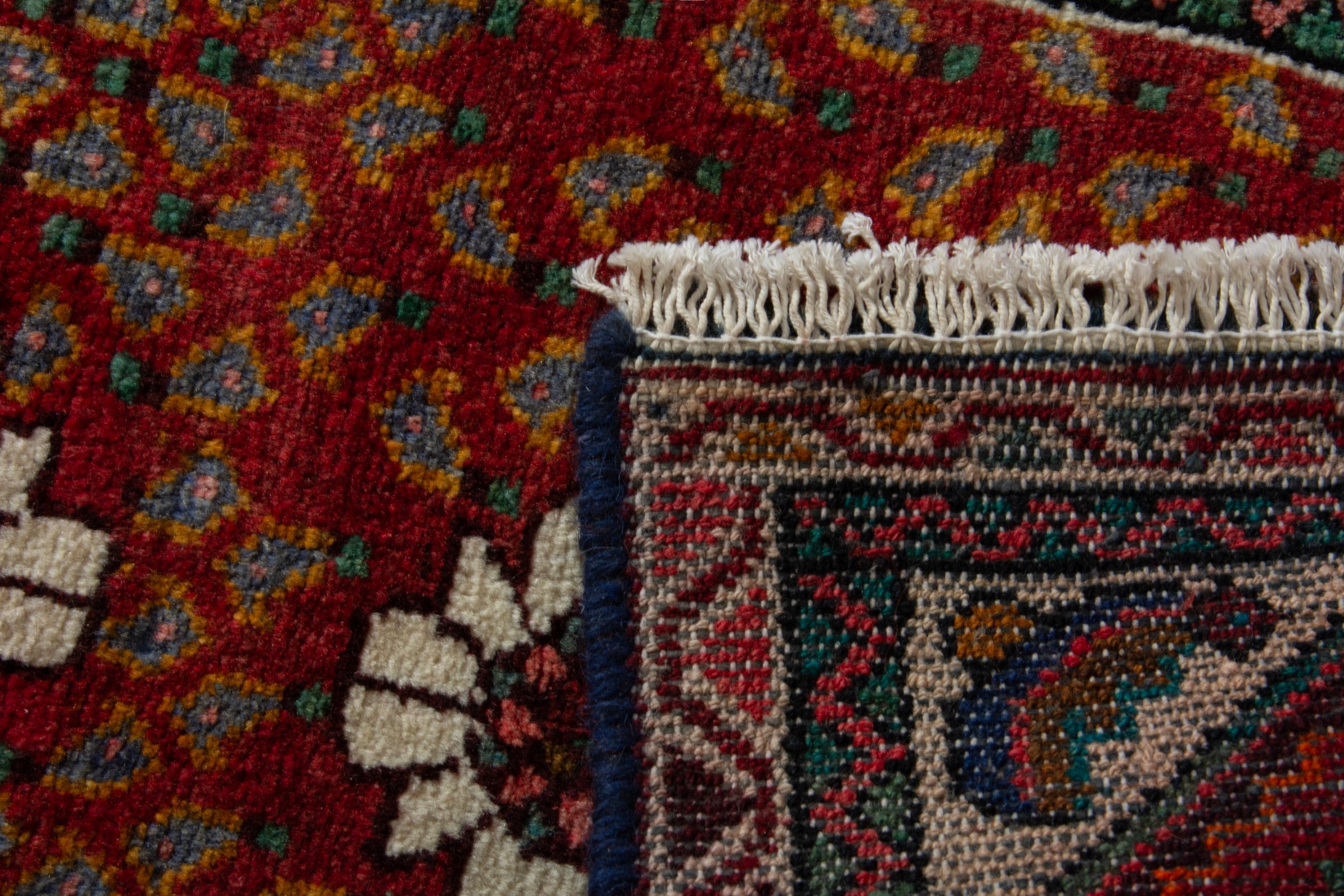 Persian Hamedan accent rug in deep red and off-white, view 8 of 8