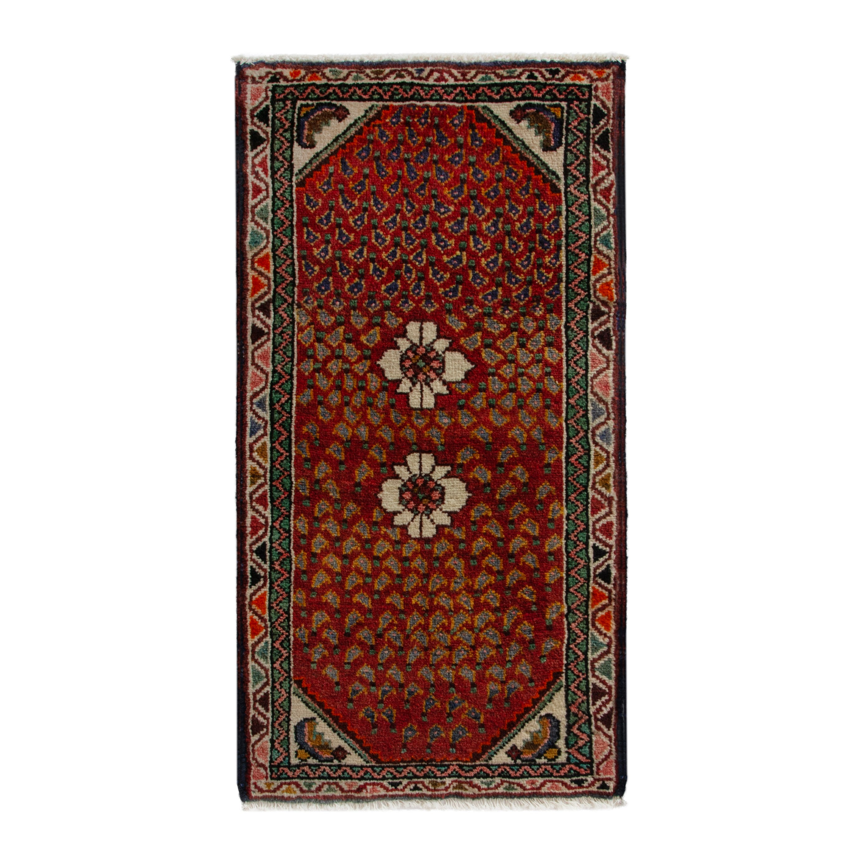 Persian Hamedan accent rug in deep red and off-white, 1'8" x 3'4"