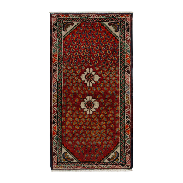 Persian Hamedan accent rug in deep red and off-white, 1'8" x 3'4"