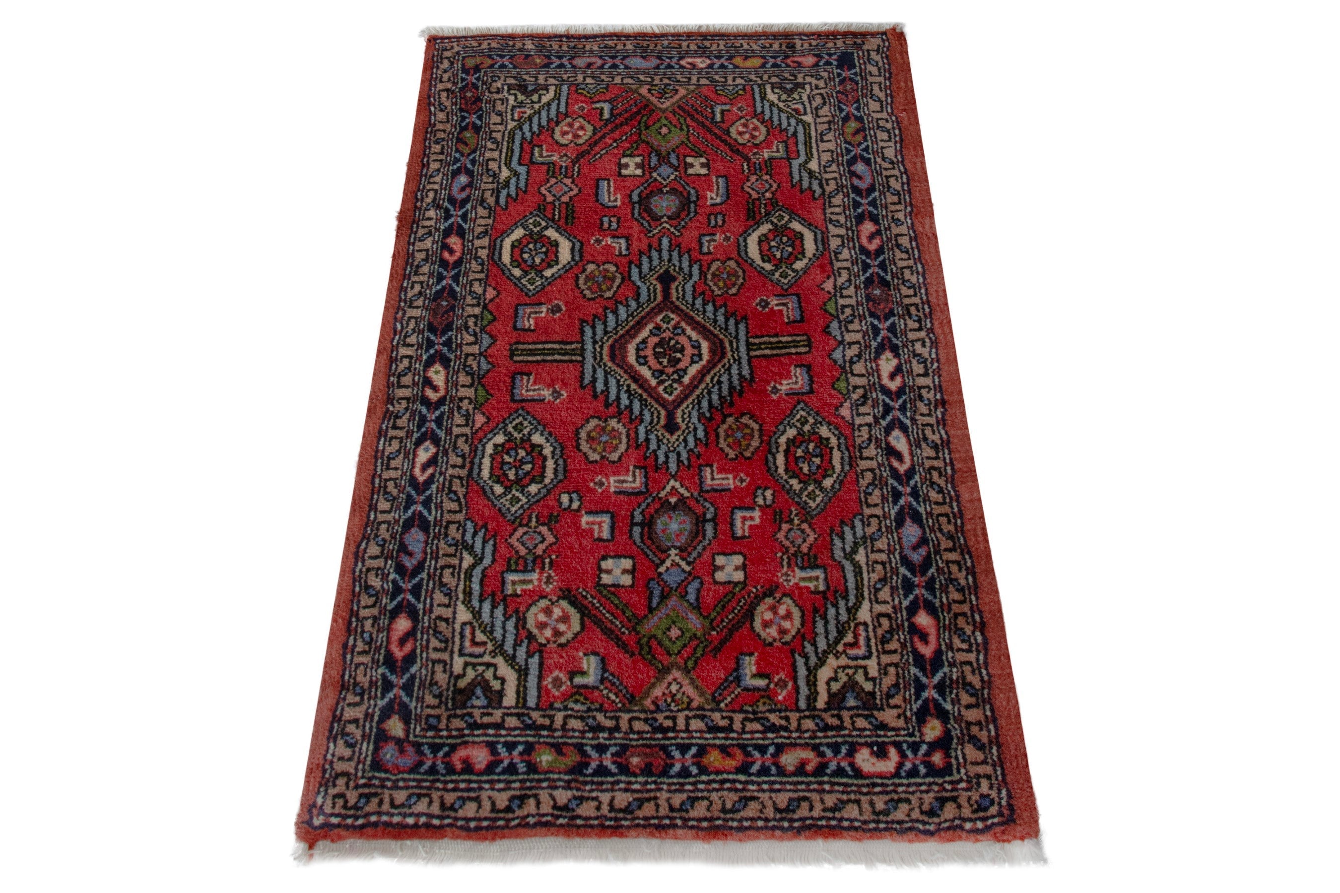 Persian Hamedan accent rug in deep red and navy, view 2 of 8