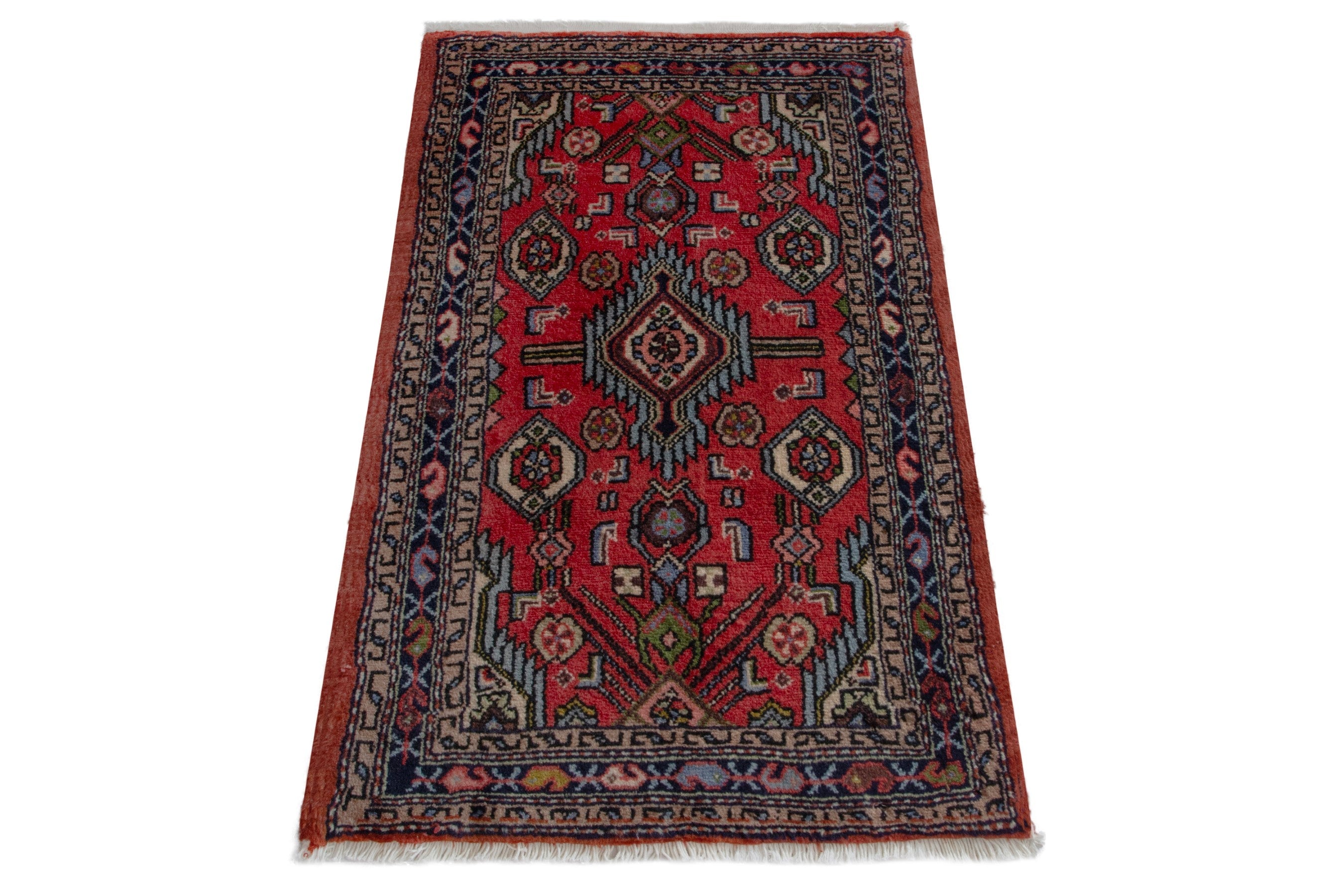 Persian Hamedan accent rug in deep red and navy, view 3 of 8