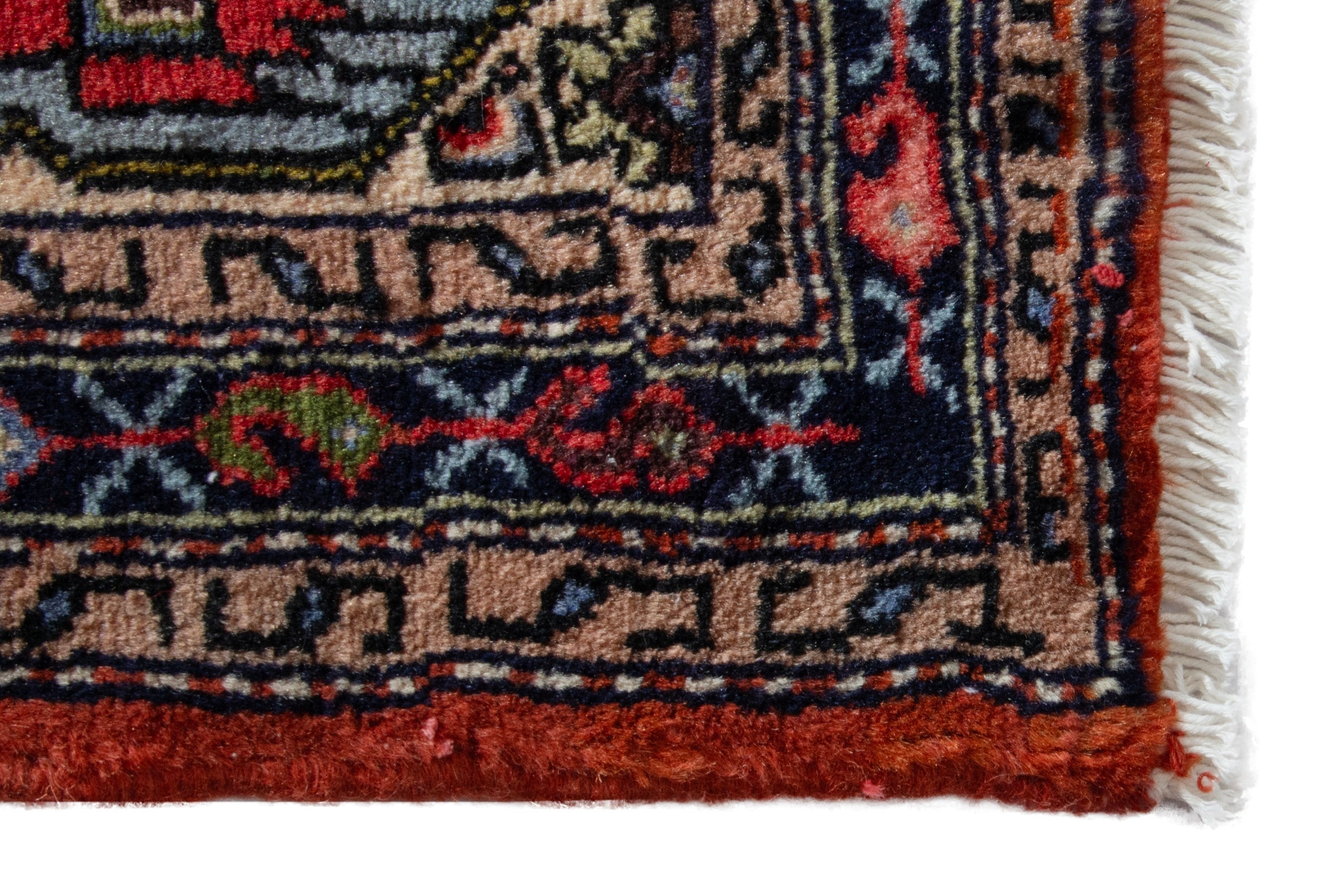 Persian Hamedan accent rug in deep red and navy, view 4 of 8