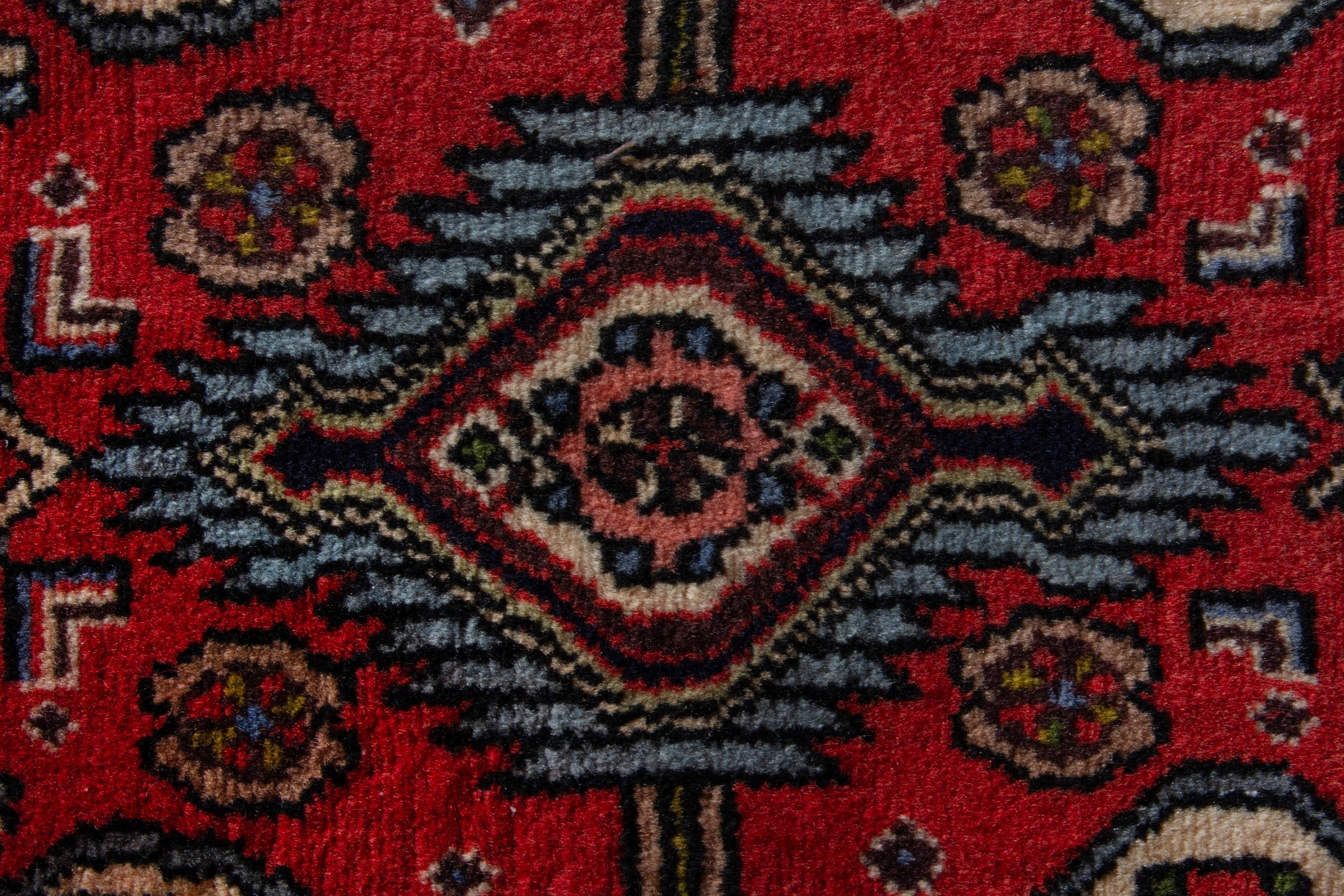 Persian Hamedan accent rug in deep red and navy, view 6 of 8